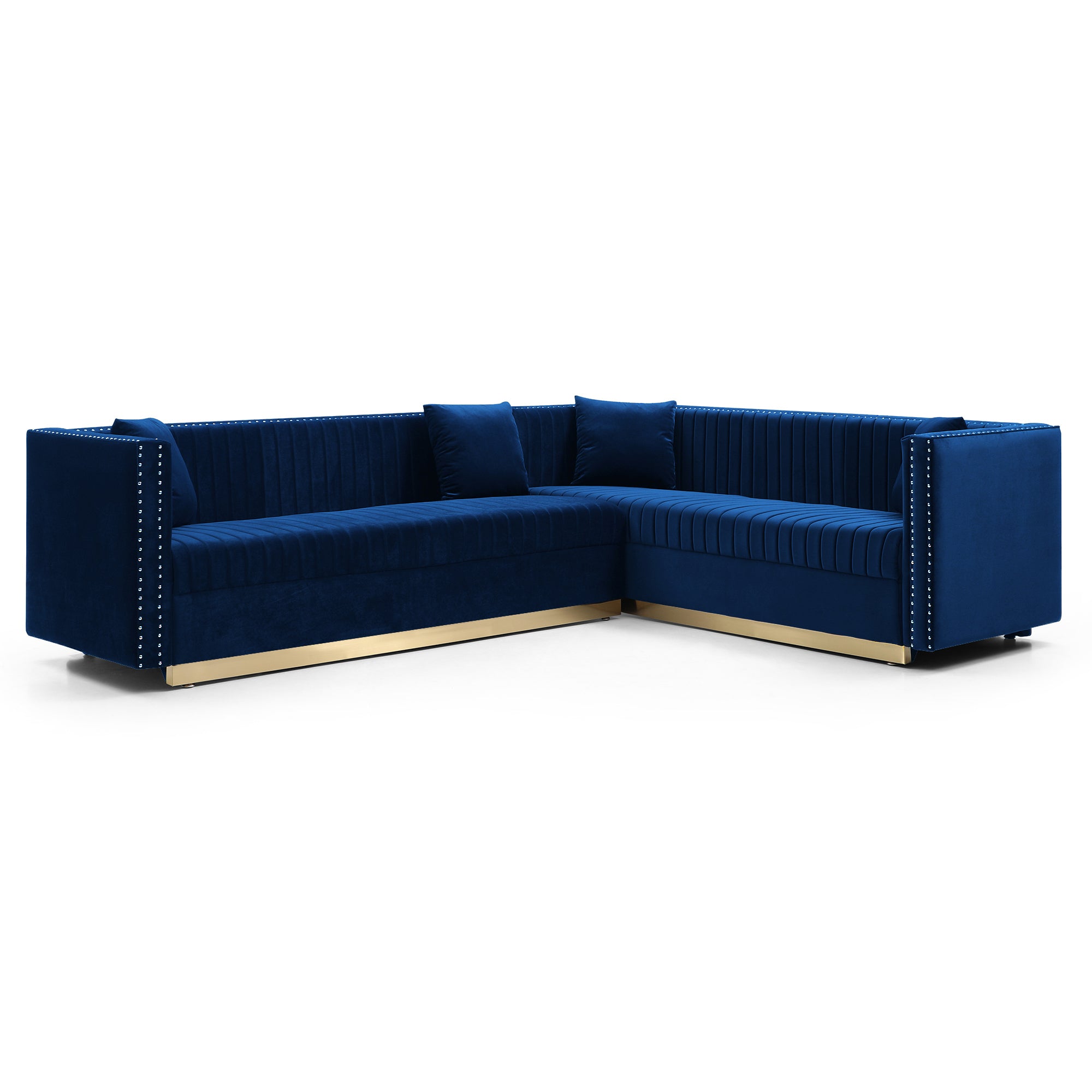 Contemporary Vertical Channel Tufted Velvet Sectional Sofa Modern Upholstered Corner Couch for Living Room Apartment with 4 pillows,Blue