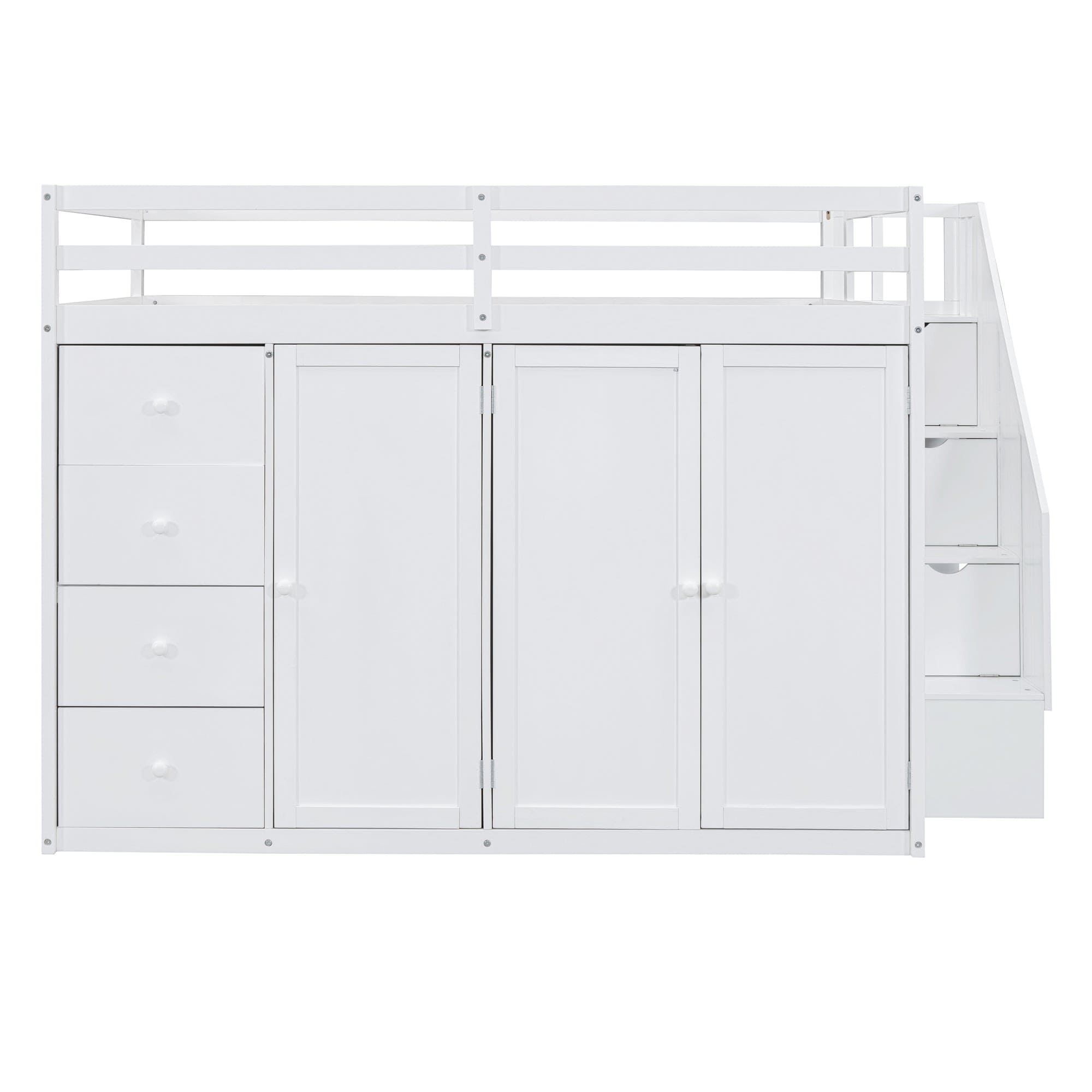 Full Size Wood Loft Bed With Built-in Wardrobes, Cabinets and Drawers, White