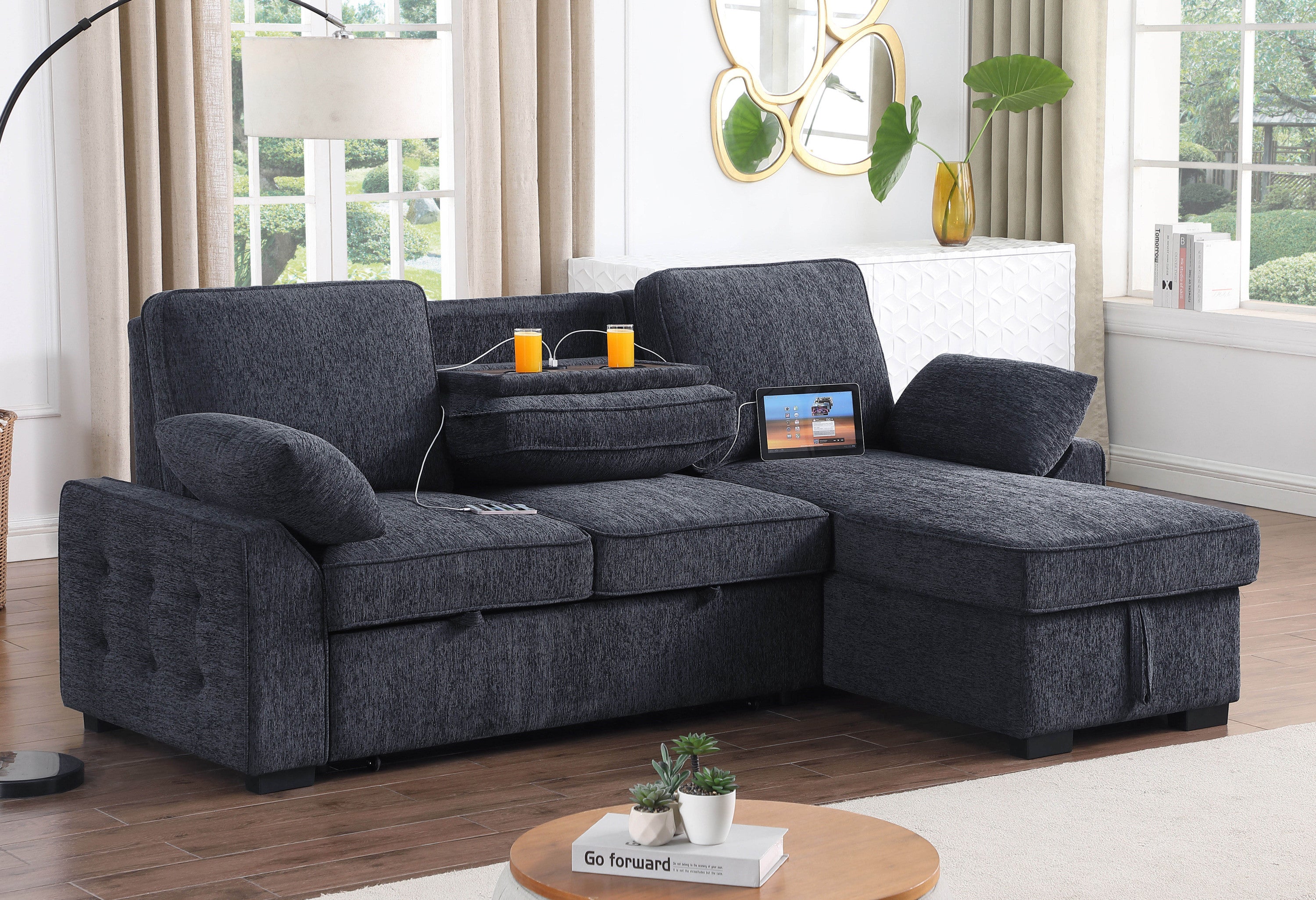 Mackenzie Dark Gray Chenille Fabric Reversible Sleeper Sectional with Storage Chaise, Drop-Down Table, Cup Holders and Charging Ports