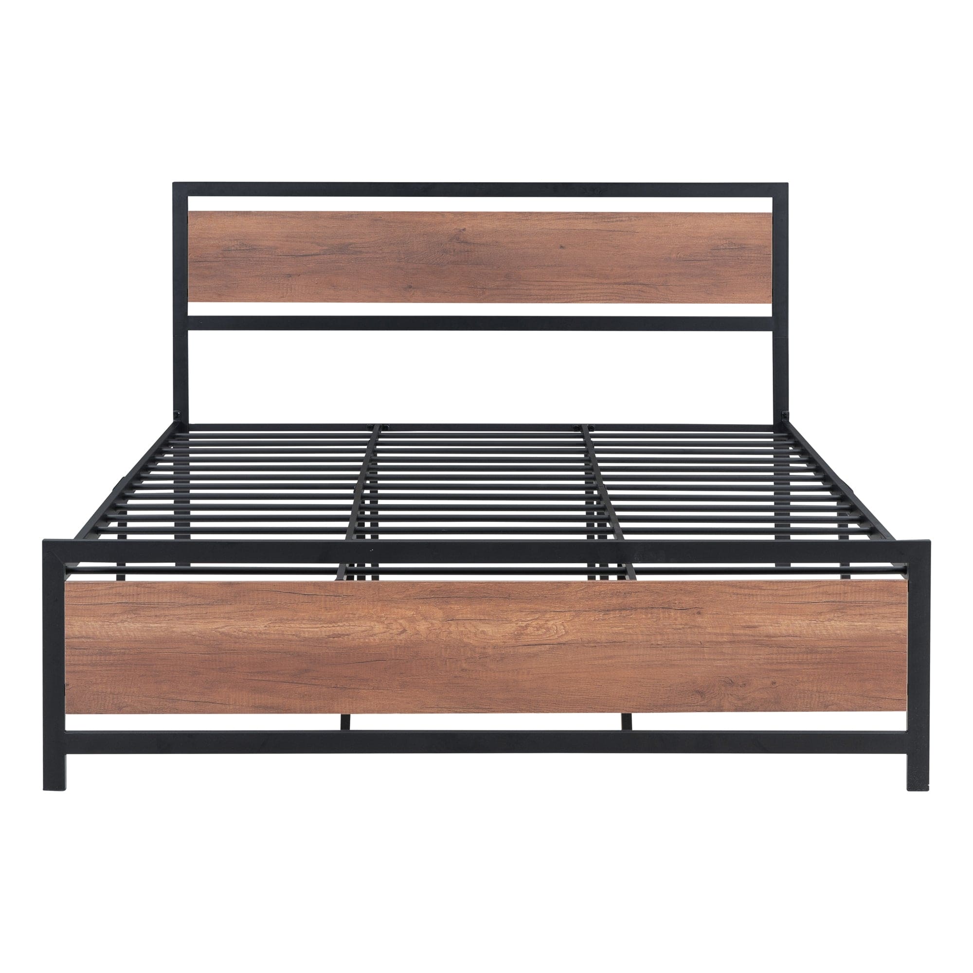 Queen Size Platform Bed, Metal and Wood Bed Frame with Headboard and Footboard , Black