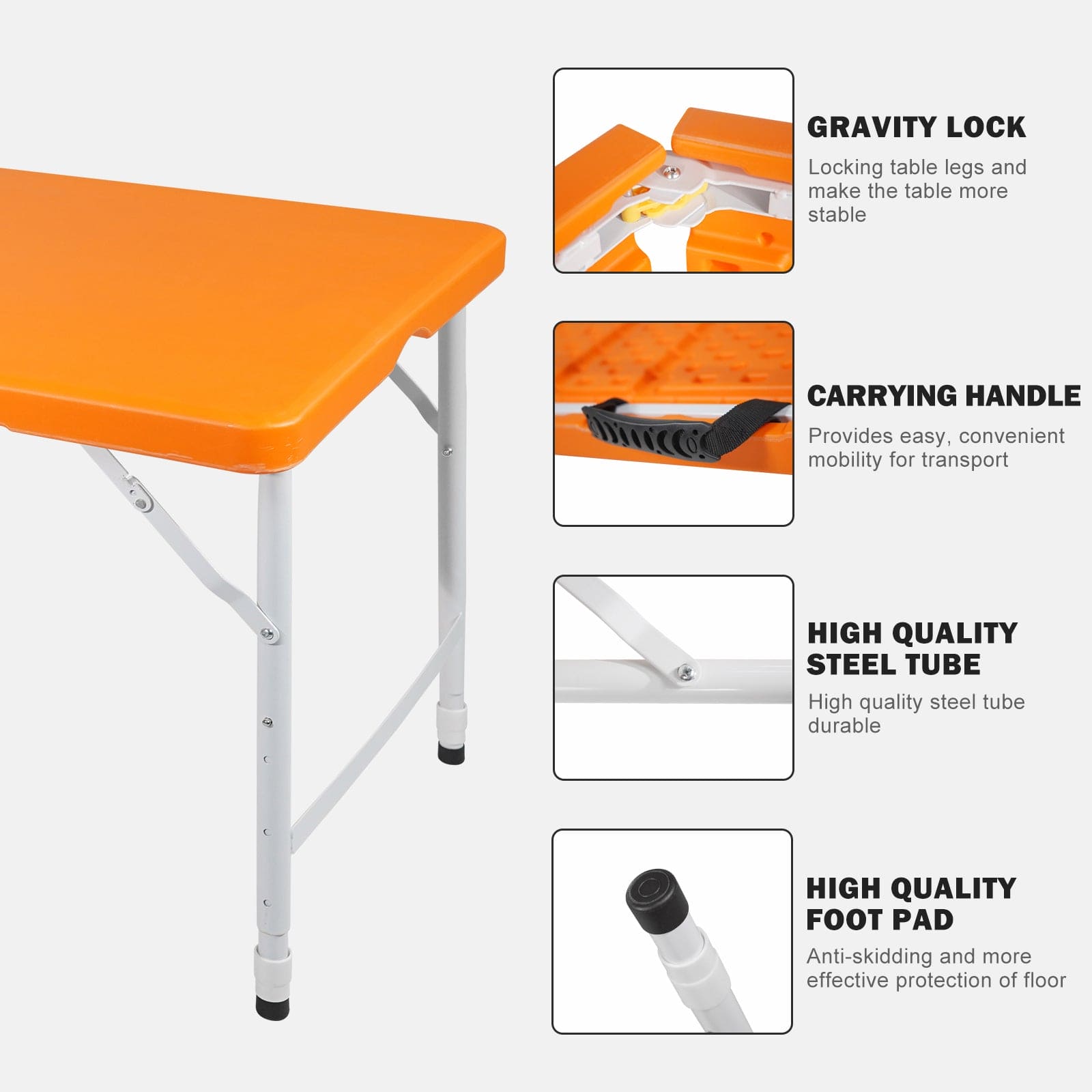 4ft Orange Portable Folding Table Indoor&Outdoor Maximum Weight 135KG Foldable Table for Camping