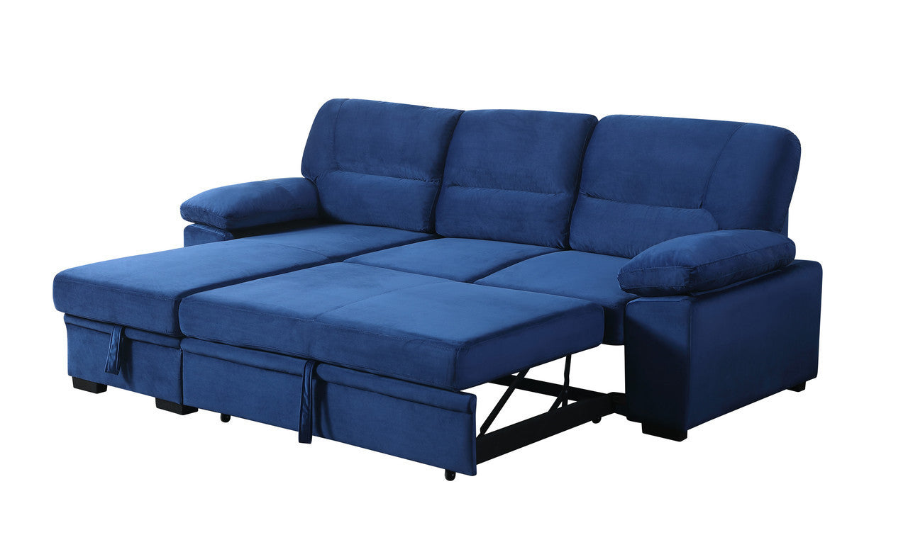 Kipling Blue Velvet Fabric Reversible Sleeper Sectional Sofa Chaise