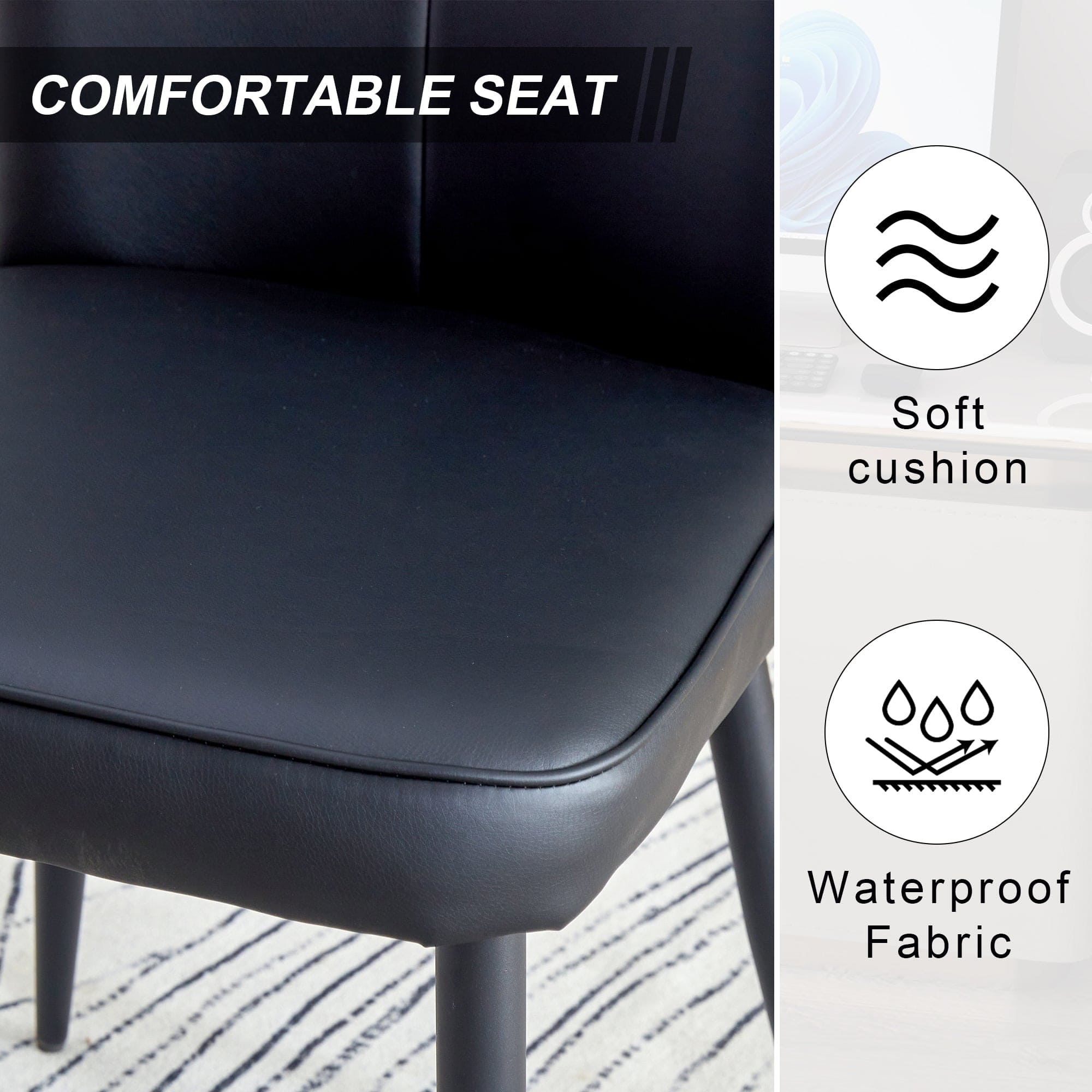 Modern minimalist dining chairs, black PU leather curved backrest and seat cushions, black metal chair legs, suitable for restaurants, bedrooms, and living rooms. A set of four chairs. 008