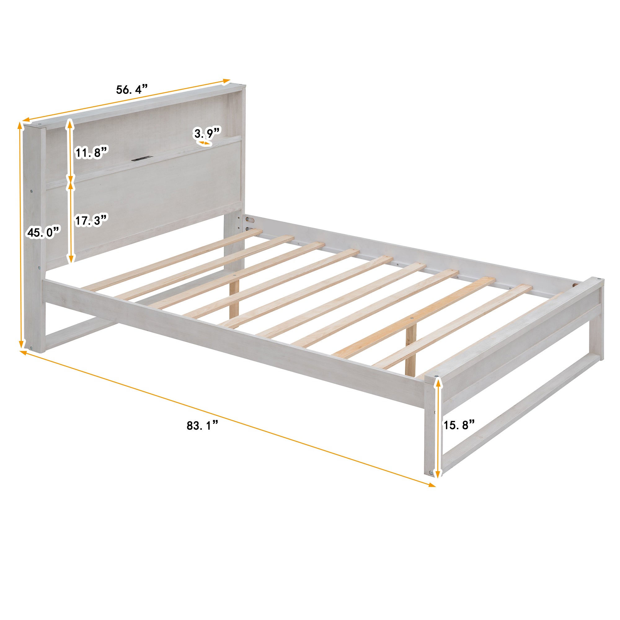 Platform Bed with Storage Headboard,Sockets and USB Ports,Full Size Platform Bed,Antique White