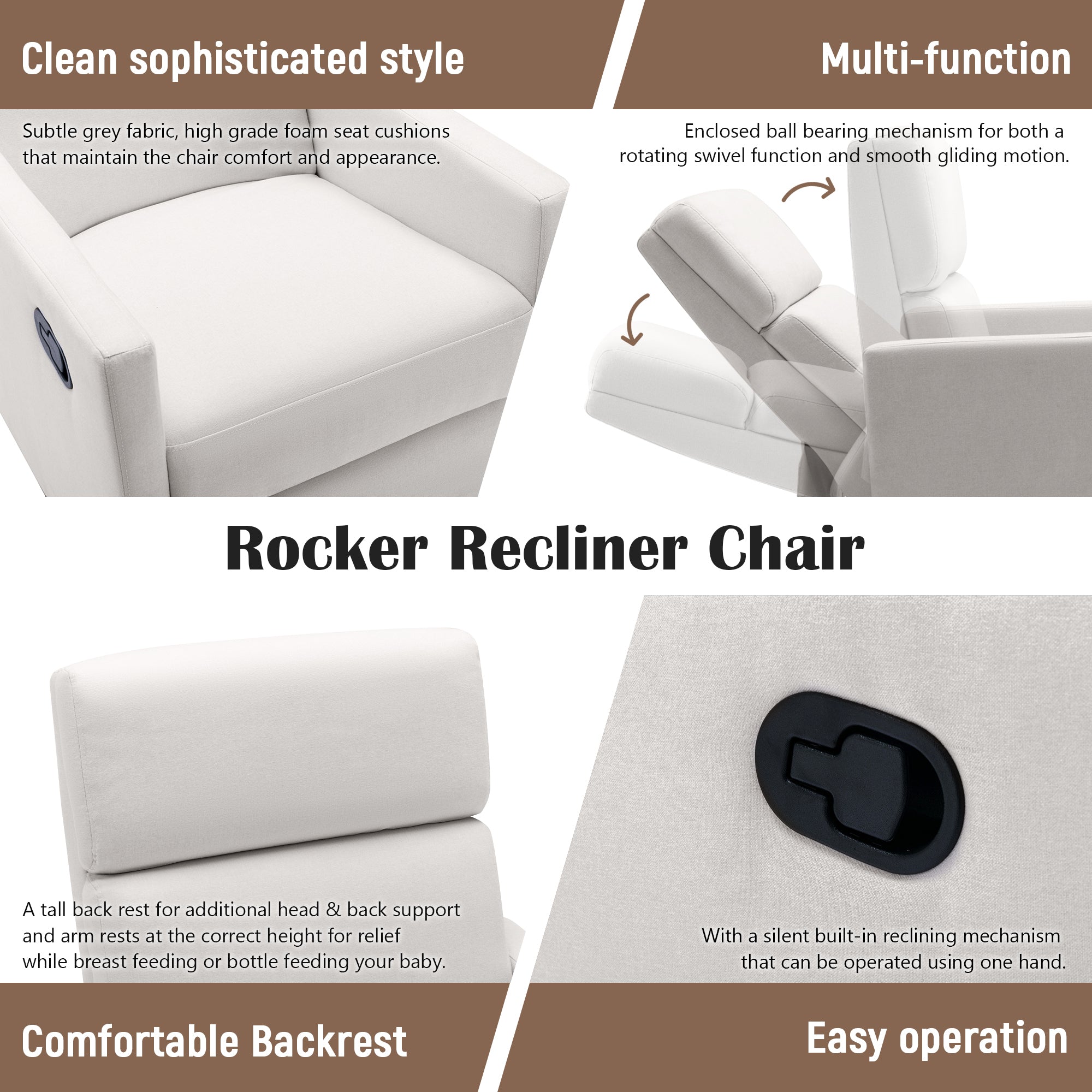 Modern Upholstered Rocker Nursery Chair Plush Seating Glider Swivel Recliner Chair, Beige