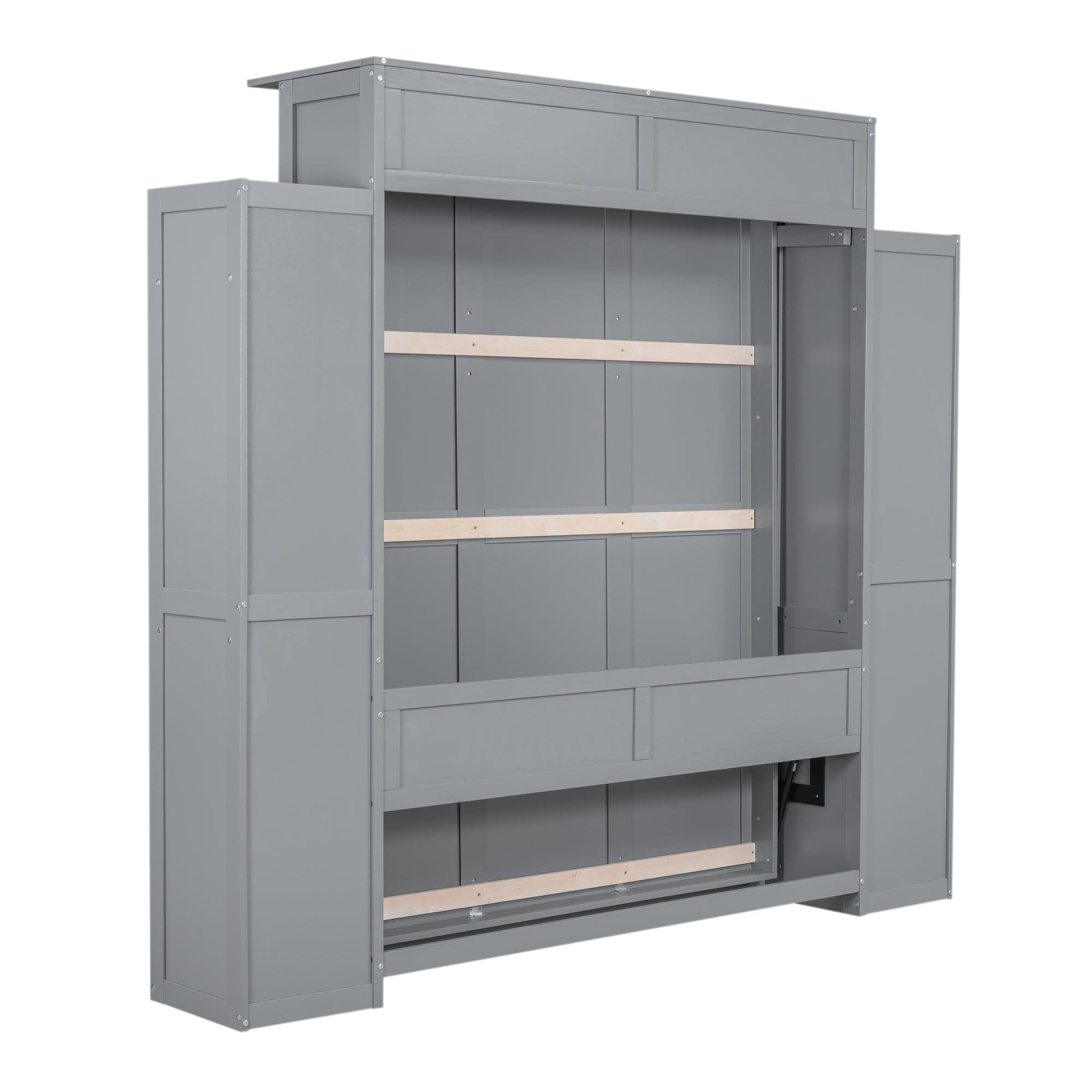 Queen Size Murphy Bed Wall Bed with Shelves and LED Lights,Gray