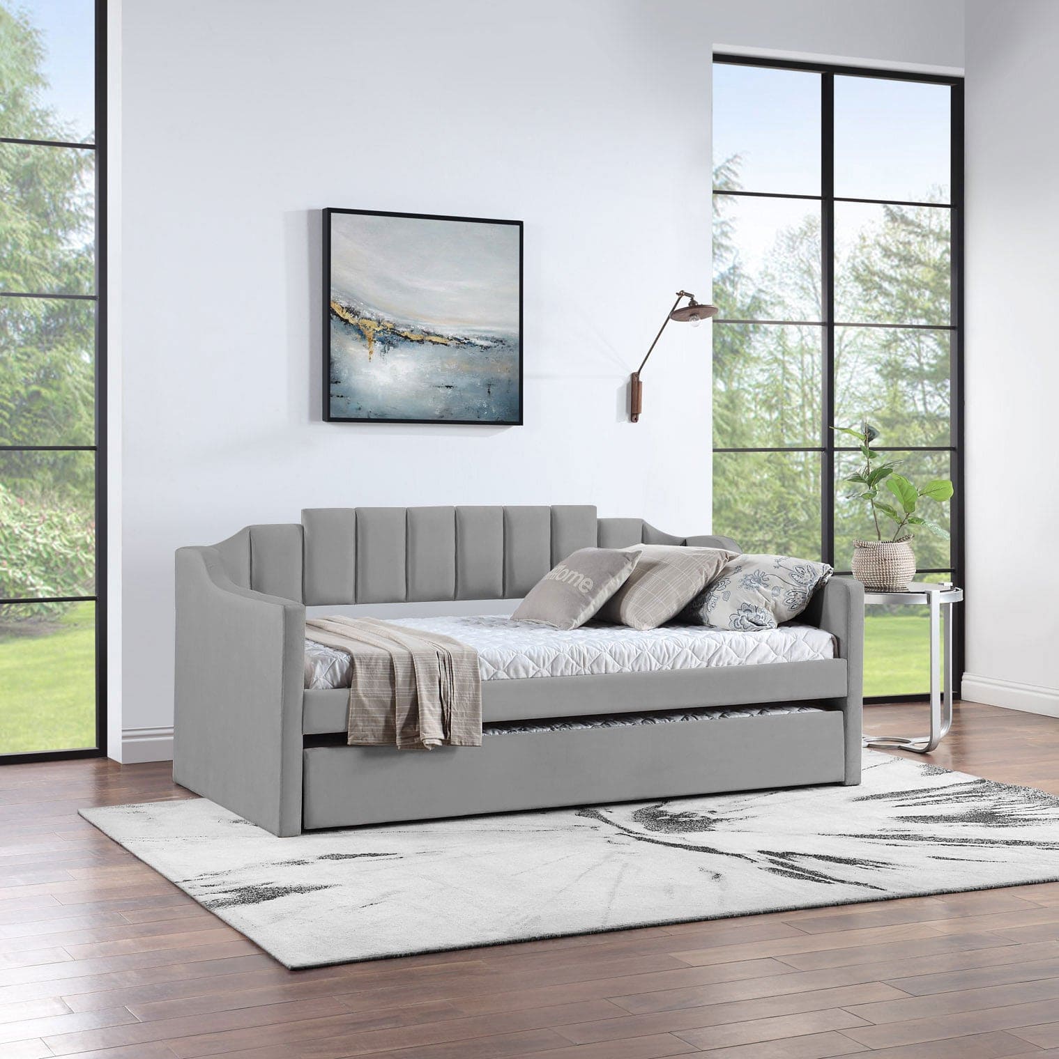 Velvet Daybed with Trundle Upholstered Tufted Sofa Bed,  both Twin Size, Grey