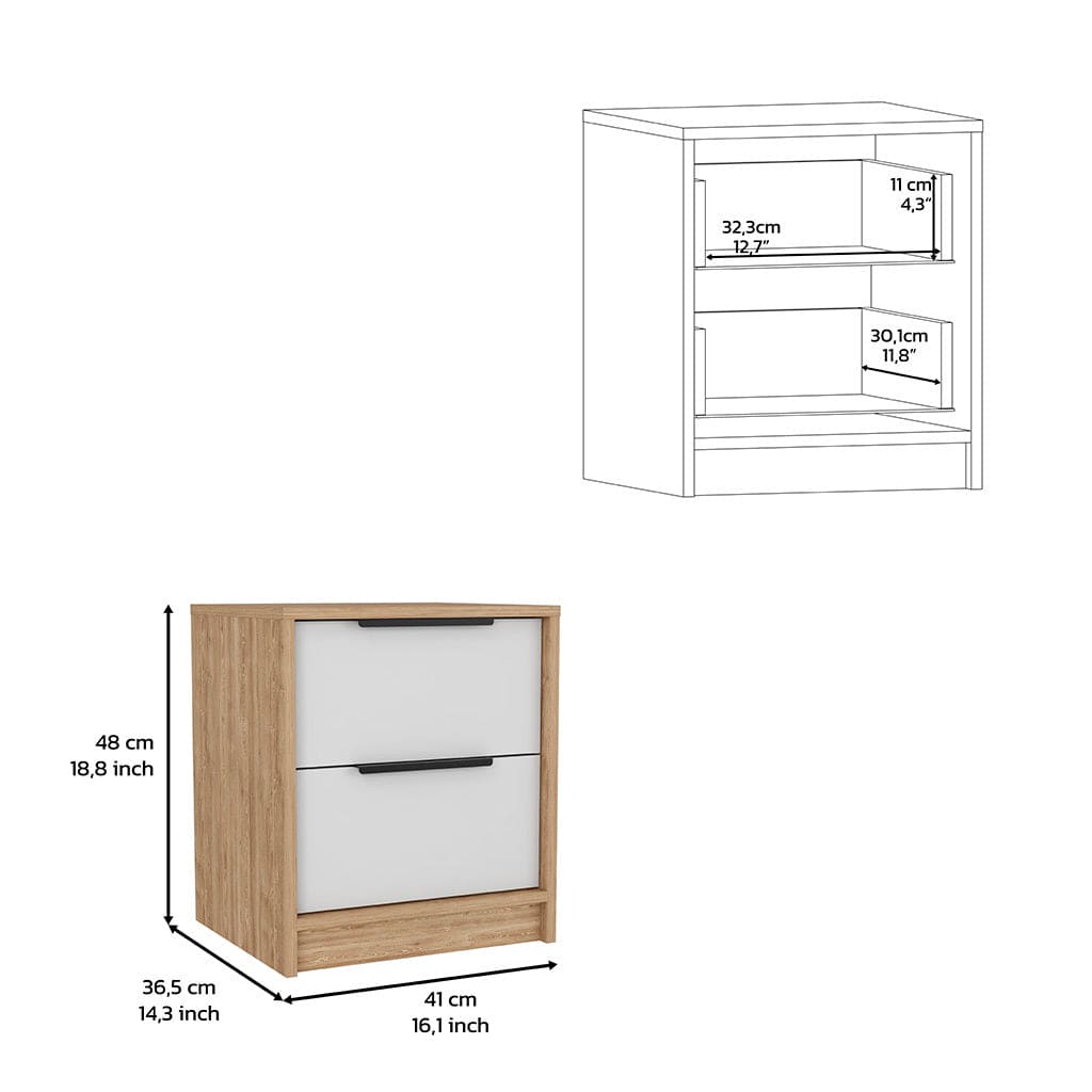 Nightstand Cervants, Two Drawers, Metal Handle, White / Pine Finish