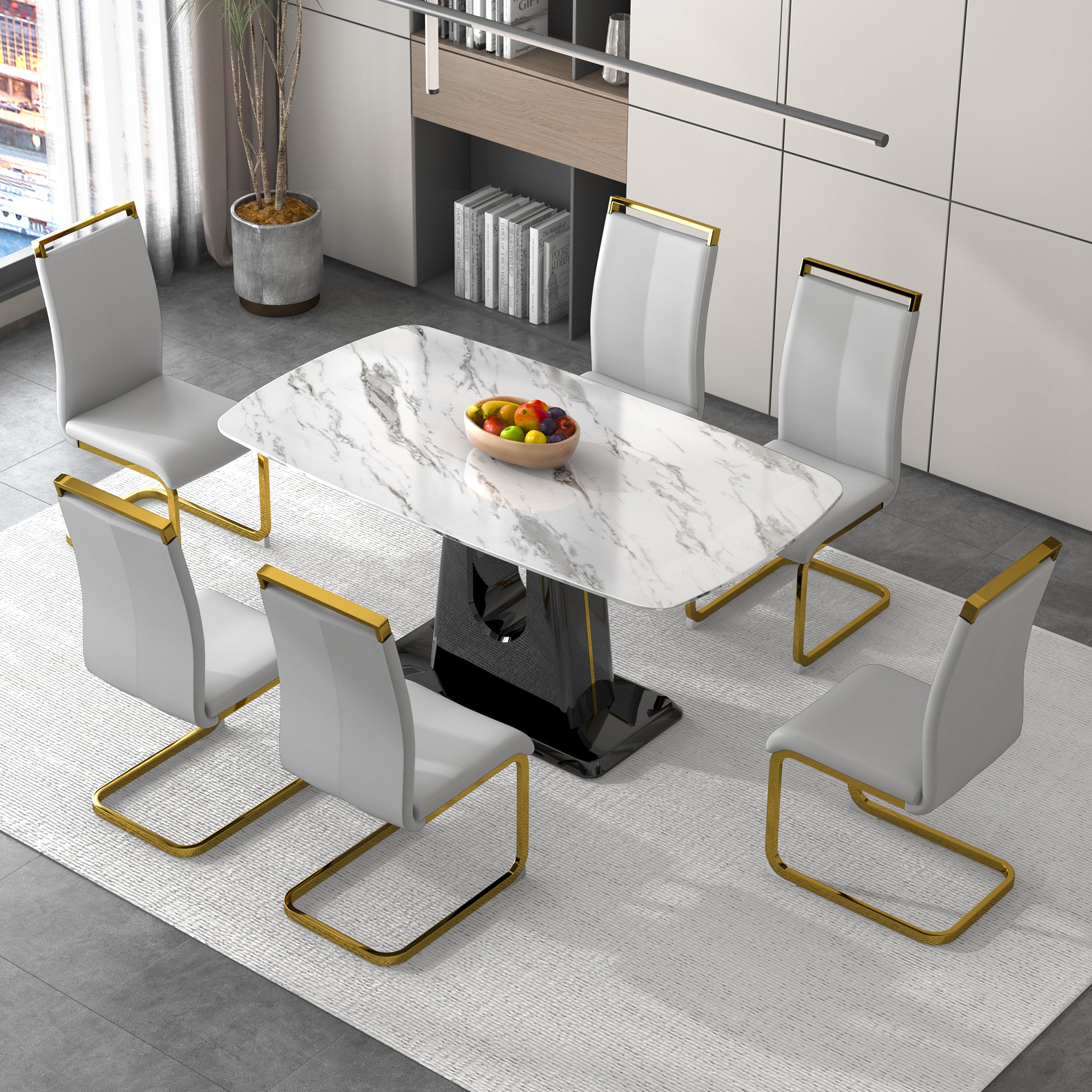 A modern, minimalist, and luxurious dining table with a white imitation marble tabletop and MDF legs with U-shaped brackets. Tables in restaurants and living rooms 63"*35.4"*30  F-U