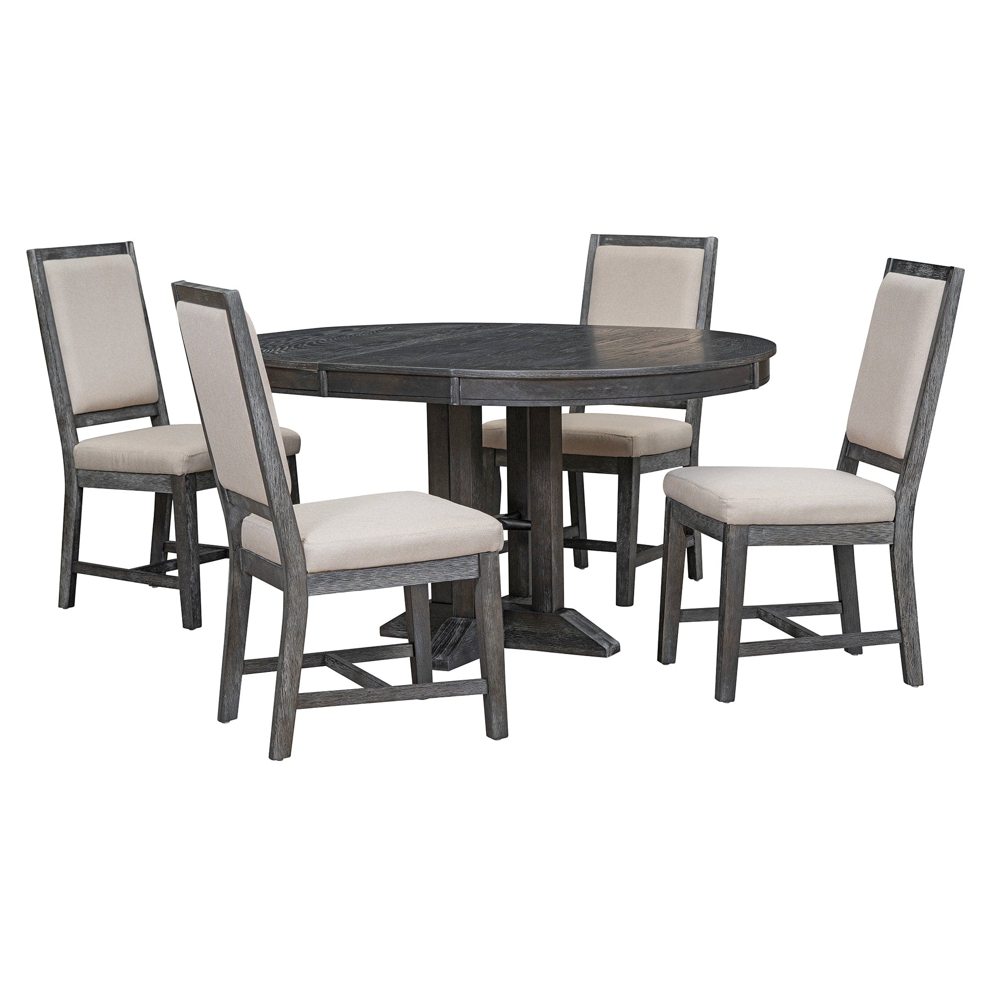 TREXM 5-Piece Dining Set Extendable Round Table and 4 Upholstered Chairs Farmhouse Dining Set for Kitchen, Dining Room(Black)