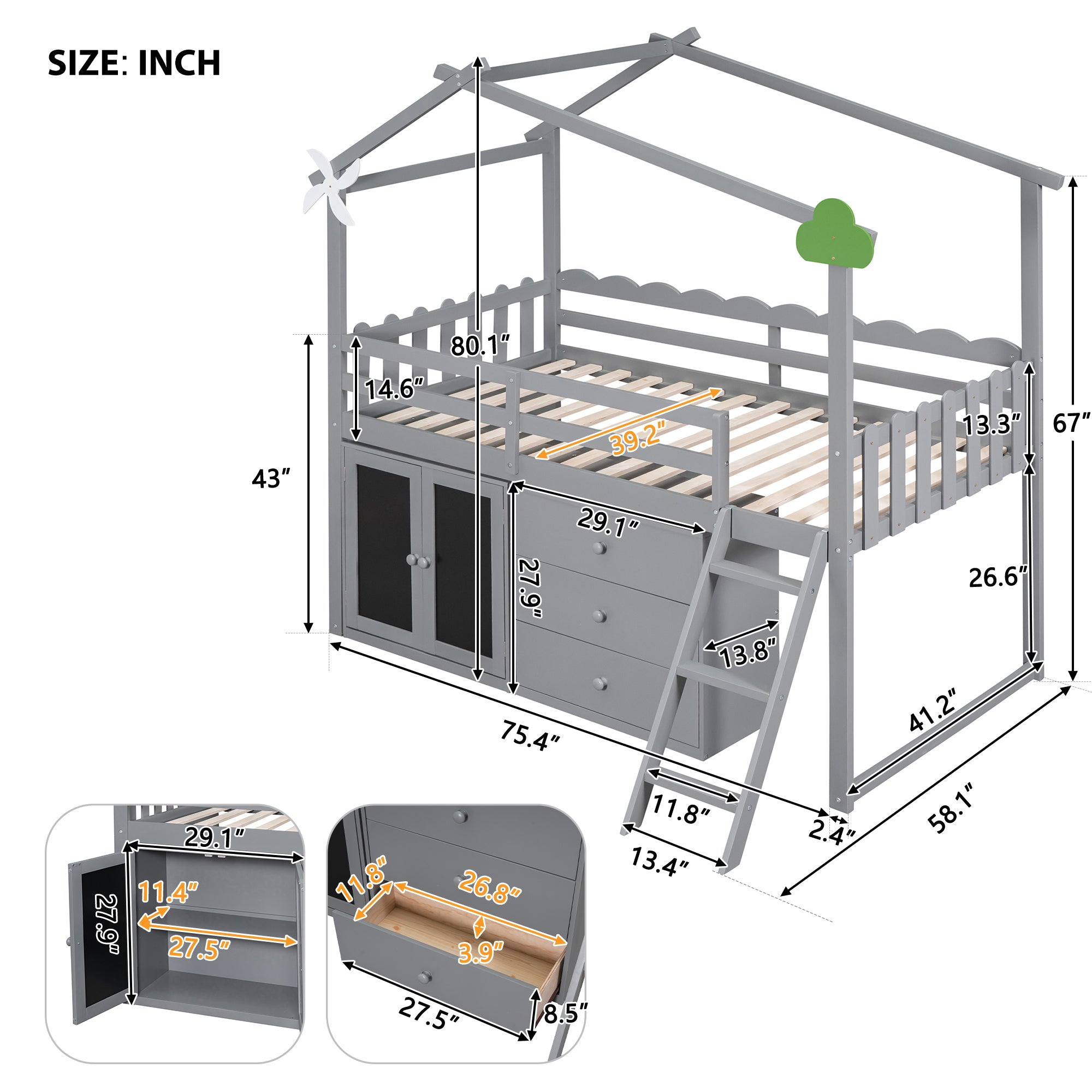 Twin Size House Bed With Cabinet and Drawers, Gray