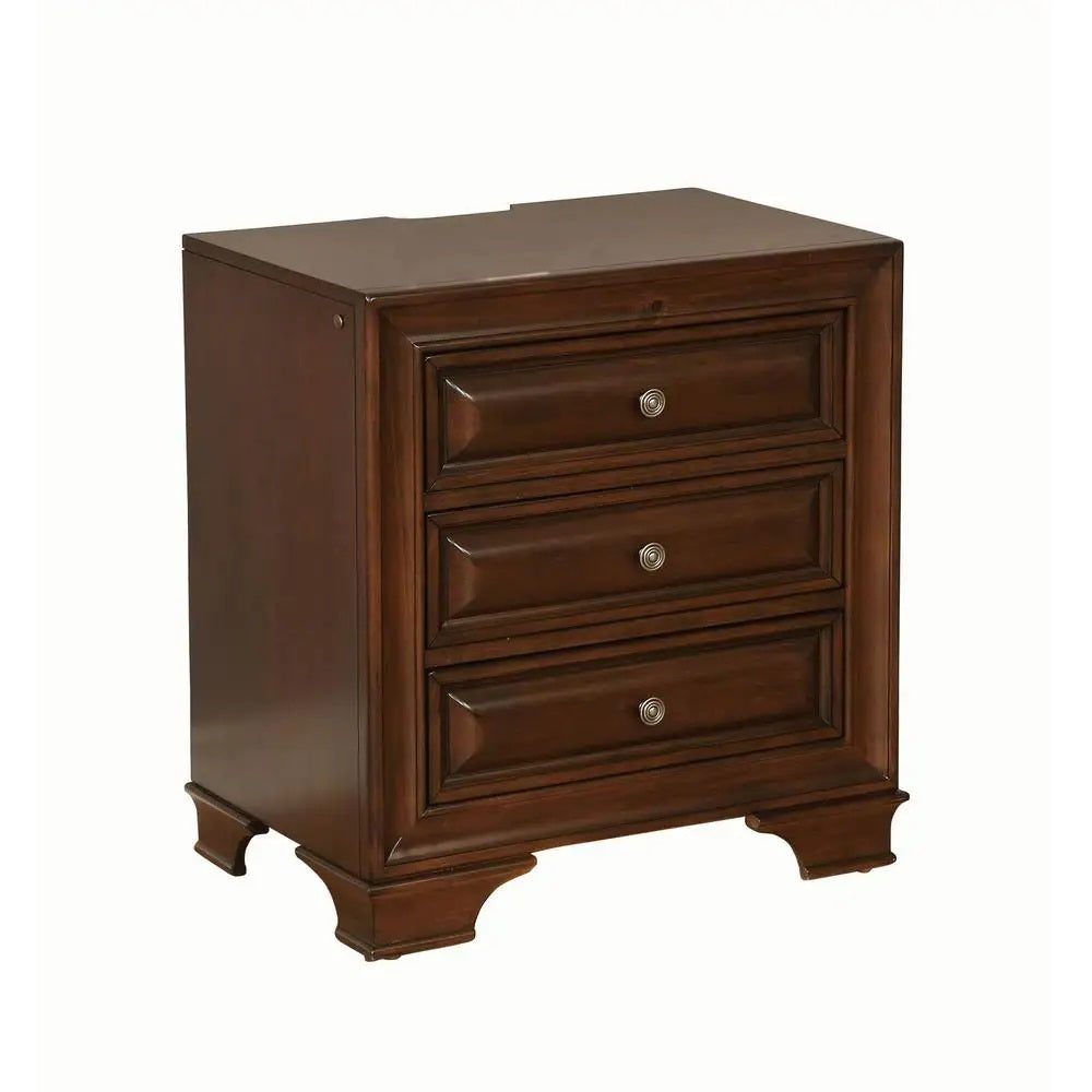 Brown Cherry Solid wood 1pc Nightstand Nickel Round Knob Transitional Style 3-Drawers Nightstand w Under Nightlight