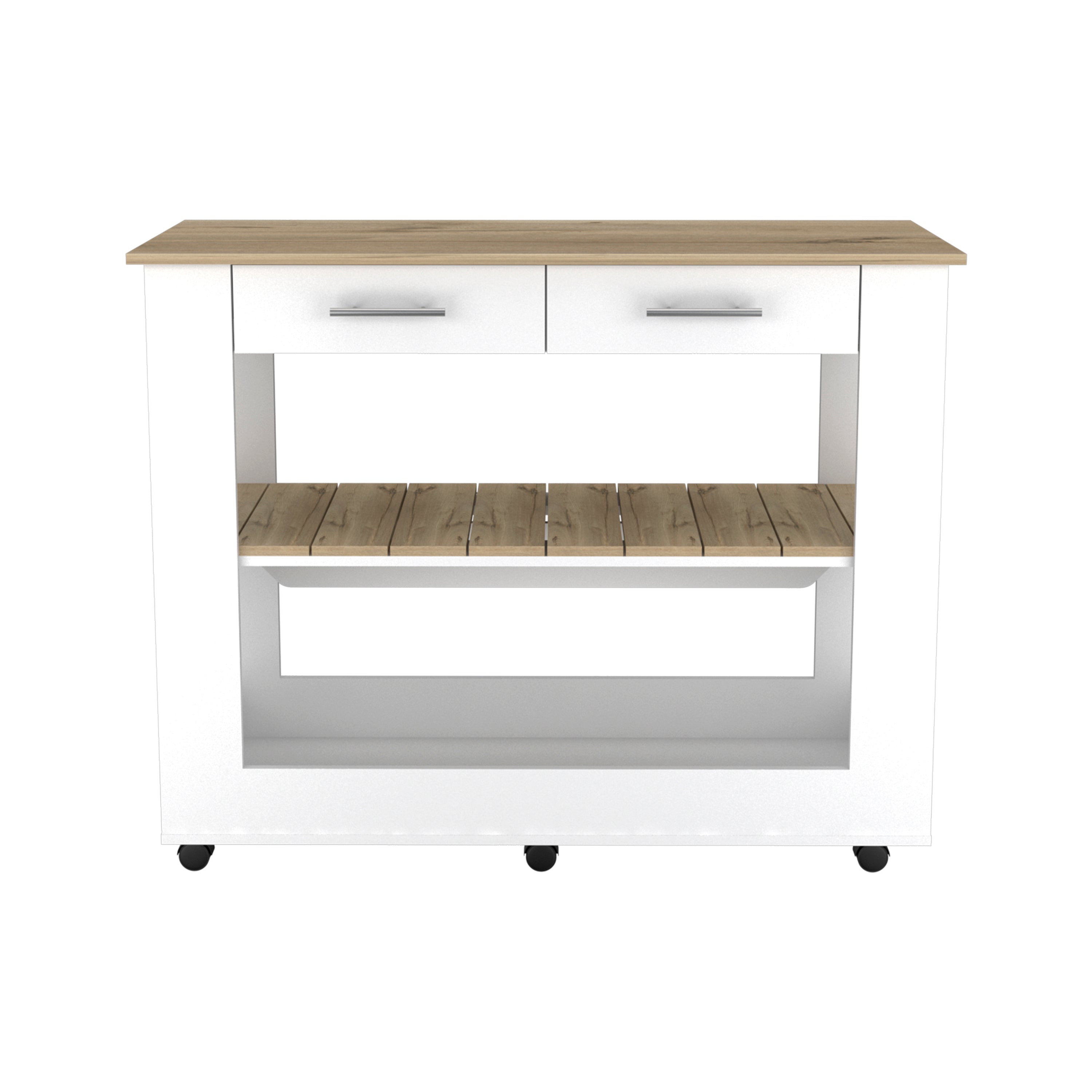 Cala Kitchen Island 46,  Six Casters, Two Drawers, Lower Open Shelf  -White / Light Oak