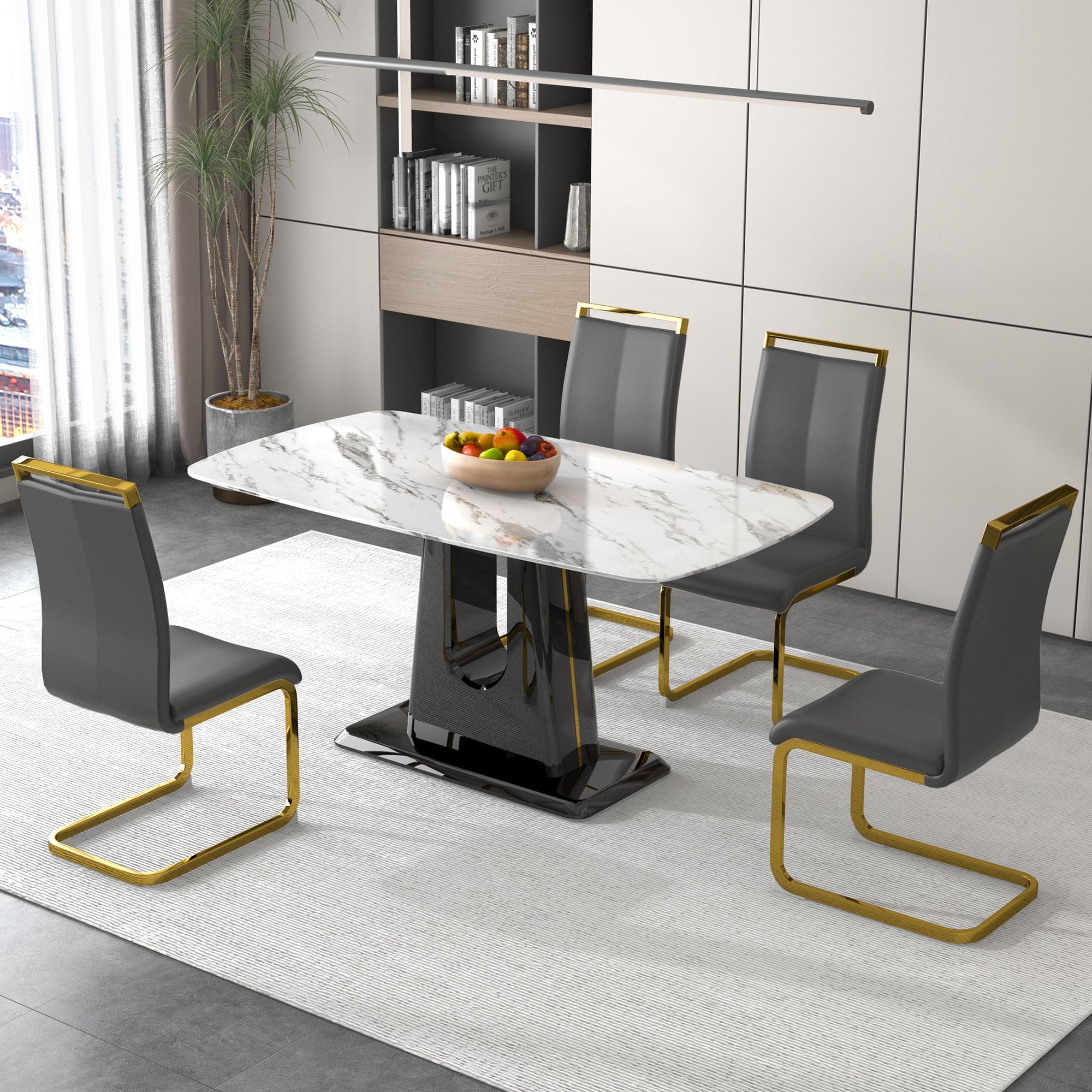 A modern, minimalist, and luxurious dining table with a white imitation marble tabletop and MDF legs with U-shaped brackets. Tables in restaurants and living rooms 63"*35.4"*30  F-U