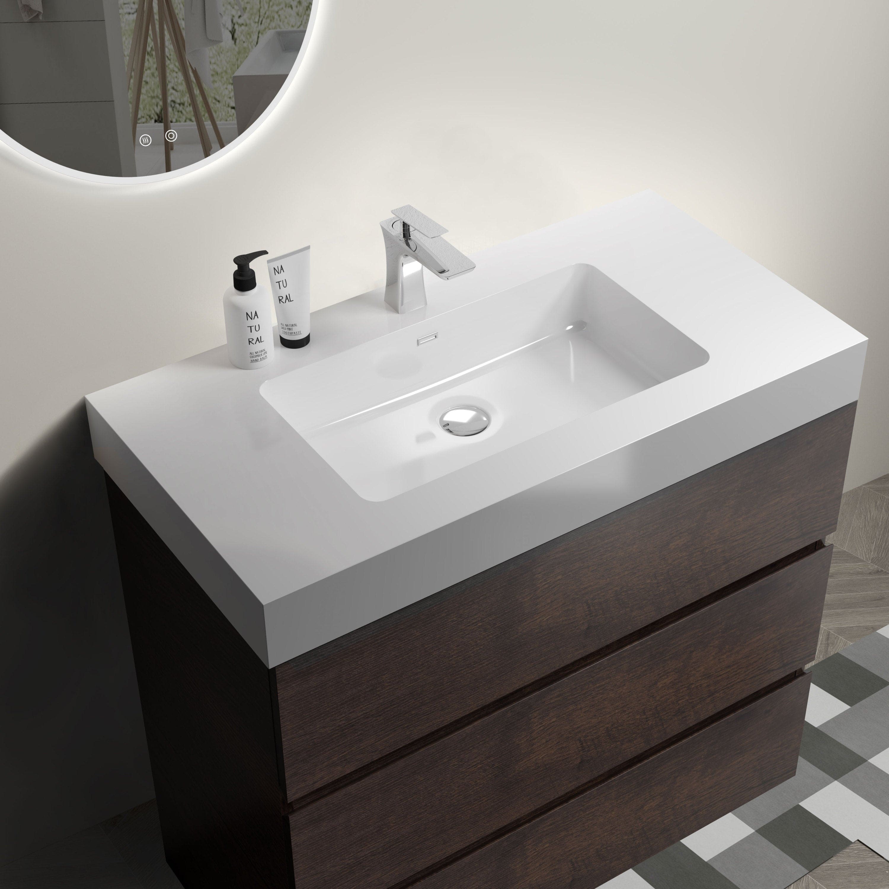 Alice 36" Walnut Bathroom Vanity with Sink, Large Storage Freestanding Bathroom Vanity for Modern Bathroom, One-Piece White Sink Basin without Drain and Faucet