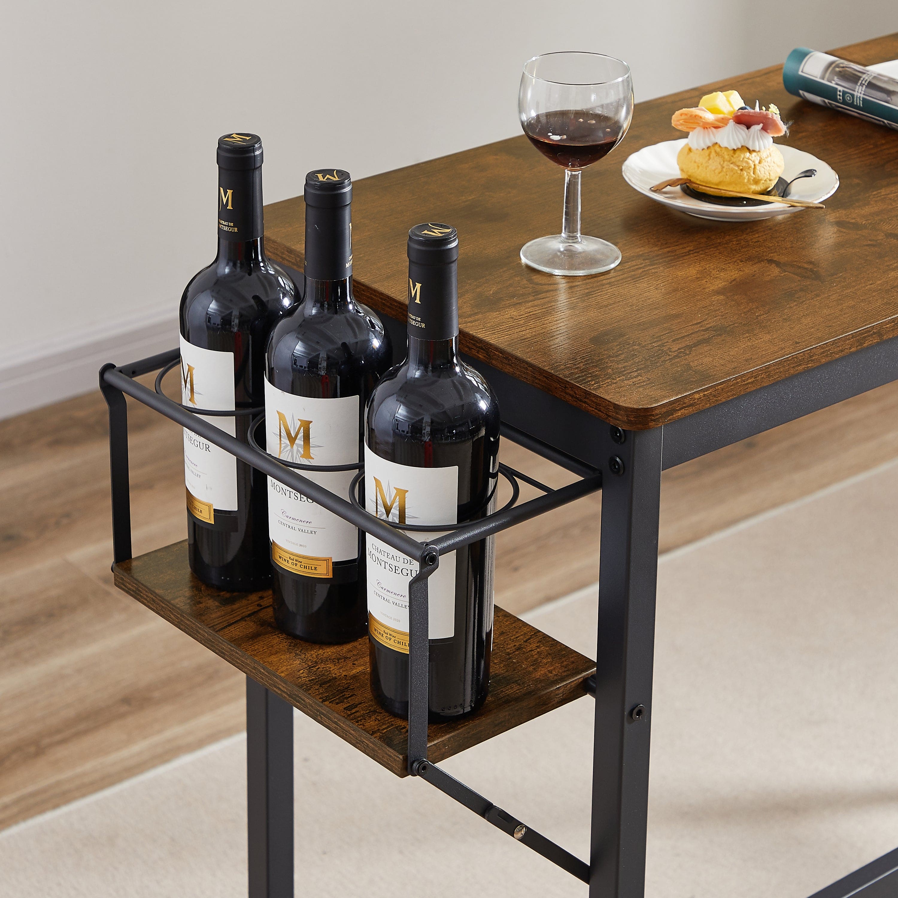 Bar Table Set with wine bottle storage rack. Rustic Brown, 47.24'' L x 15.75'' W x 35.43'' H.