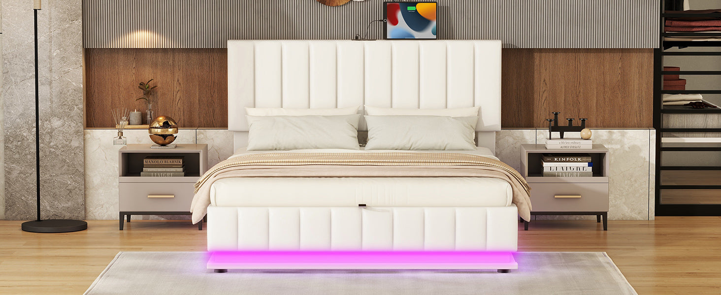 Queen Size Upholstered Bed with Hydraulic Storage System and LED Light, Modern Platform Bed with Sockets and USB Ports, White