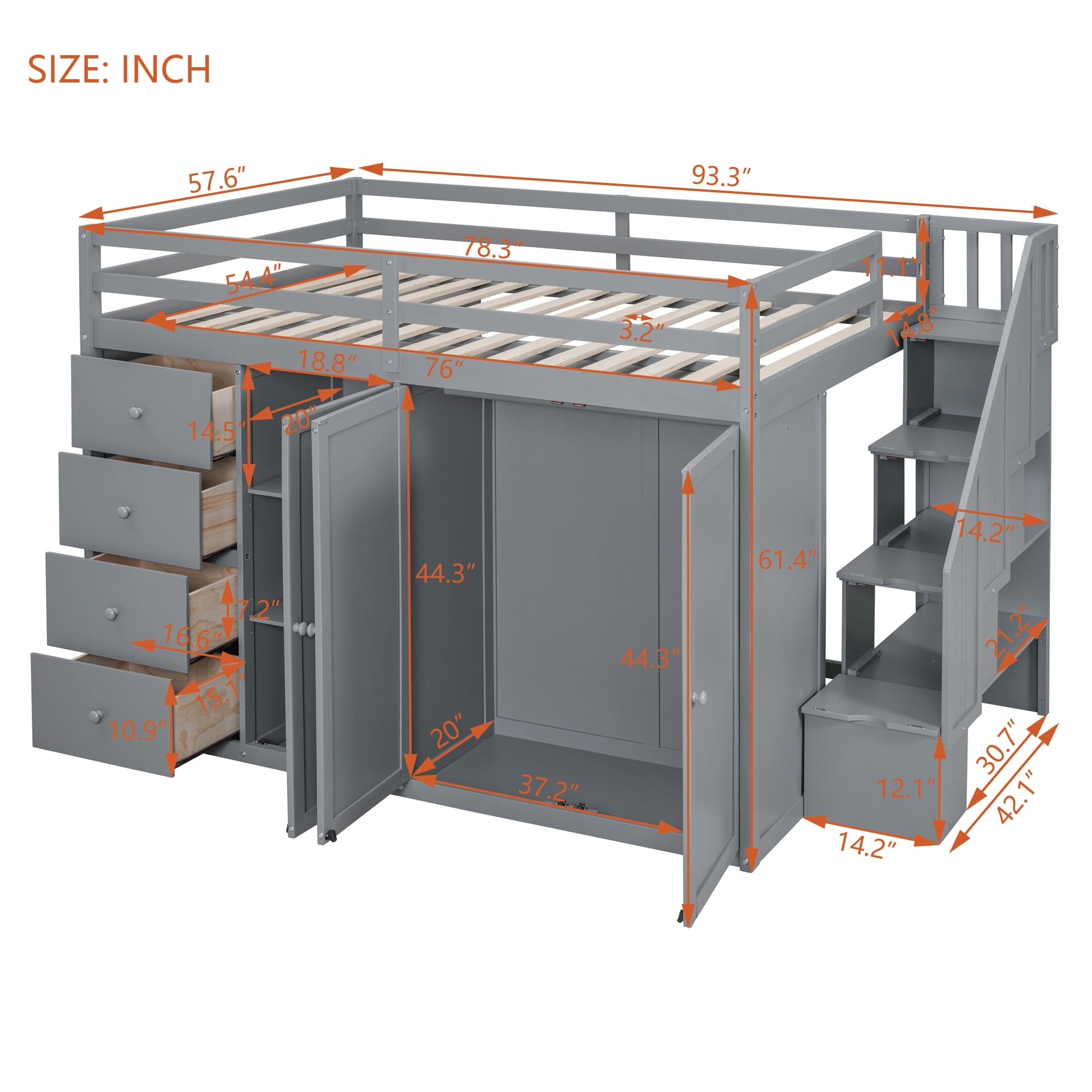 Full Size Wood Loft Bed With Built-in Wardrobes, Cabinets and Drawers, Gray