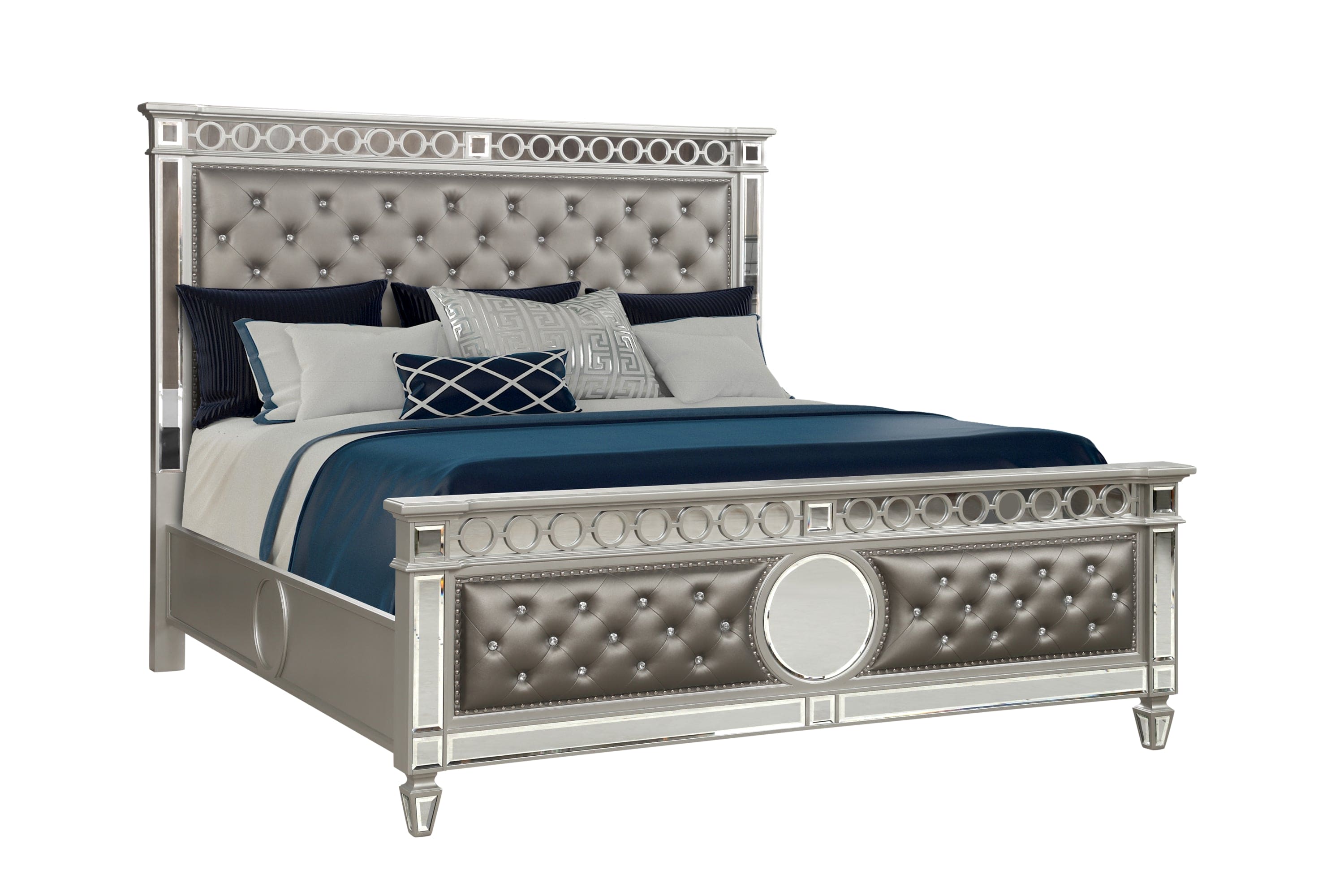 Symphony Modern Style Ringed & Mirror Front Crystal Tufted Upholstery King Bed Made with Wood & Diamond shaped legs in Silver