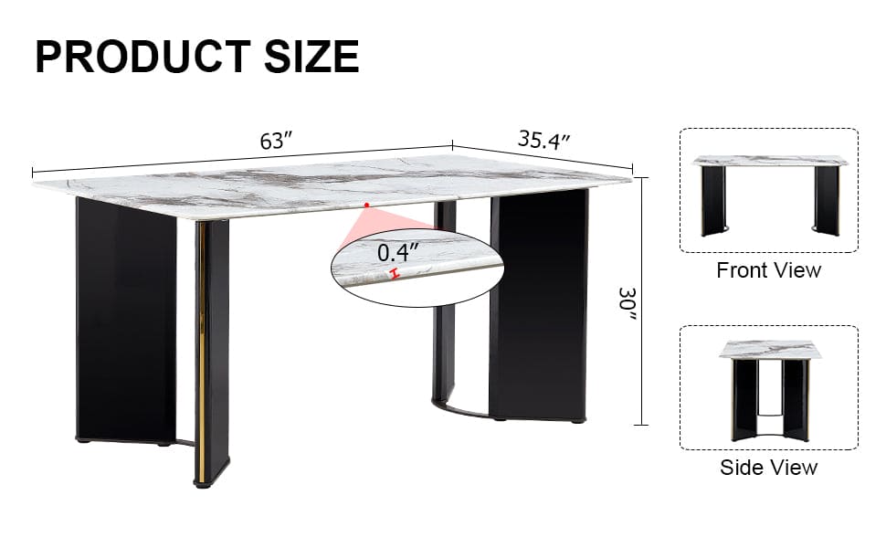 Table and chair set. 1 table and 4 chairs. Rectangular dining table, white imitation marble tabletop, MDF table legs with gold metal decorative strips. Black chair. HH 1162