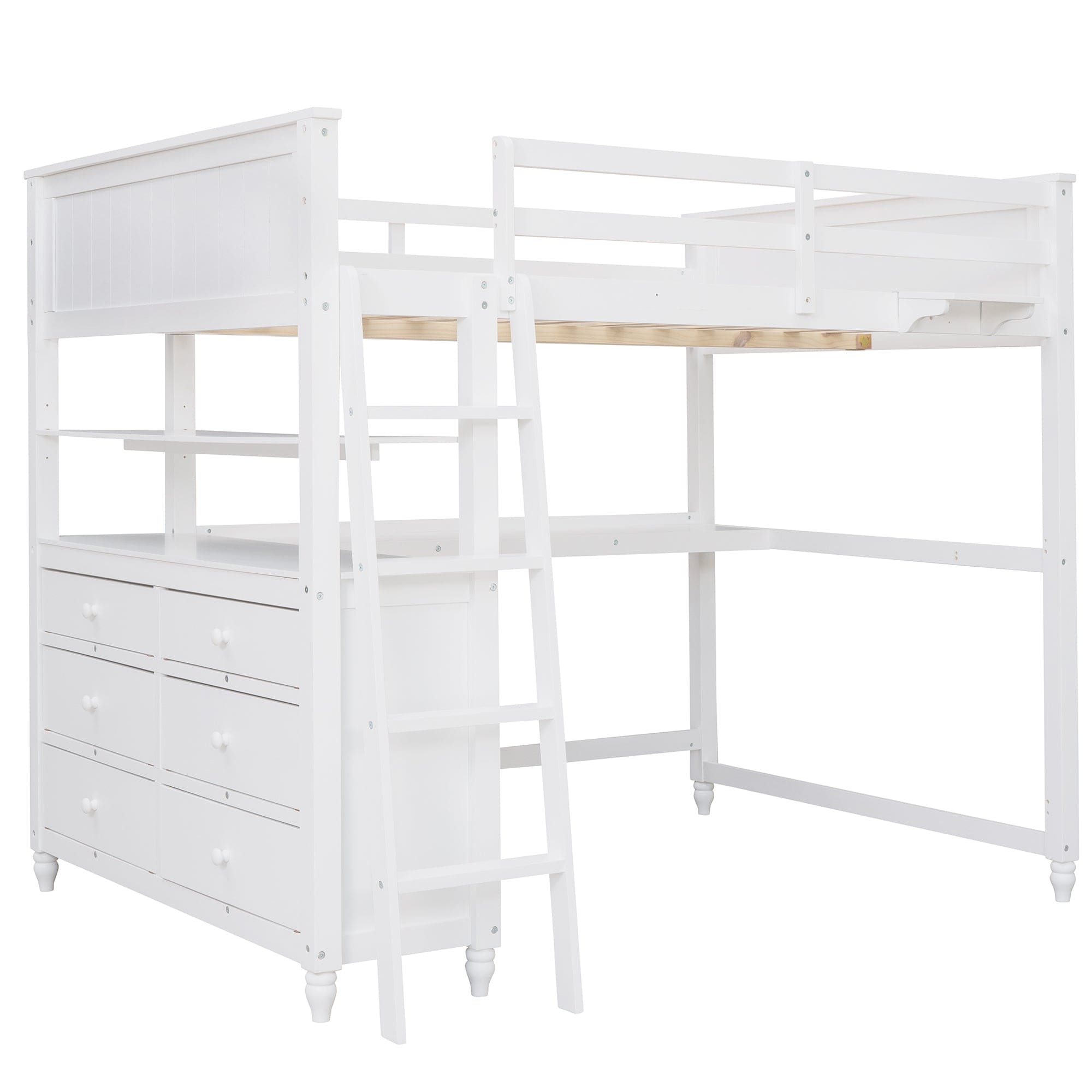 Full size Loft Bed with Drawers and Desk, Wooden Loft Bed with Shelves - White(OLD SKU:LT001529AAK)