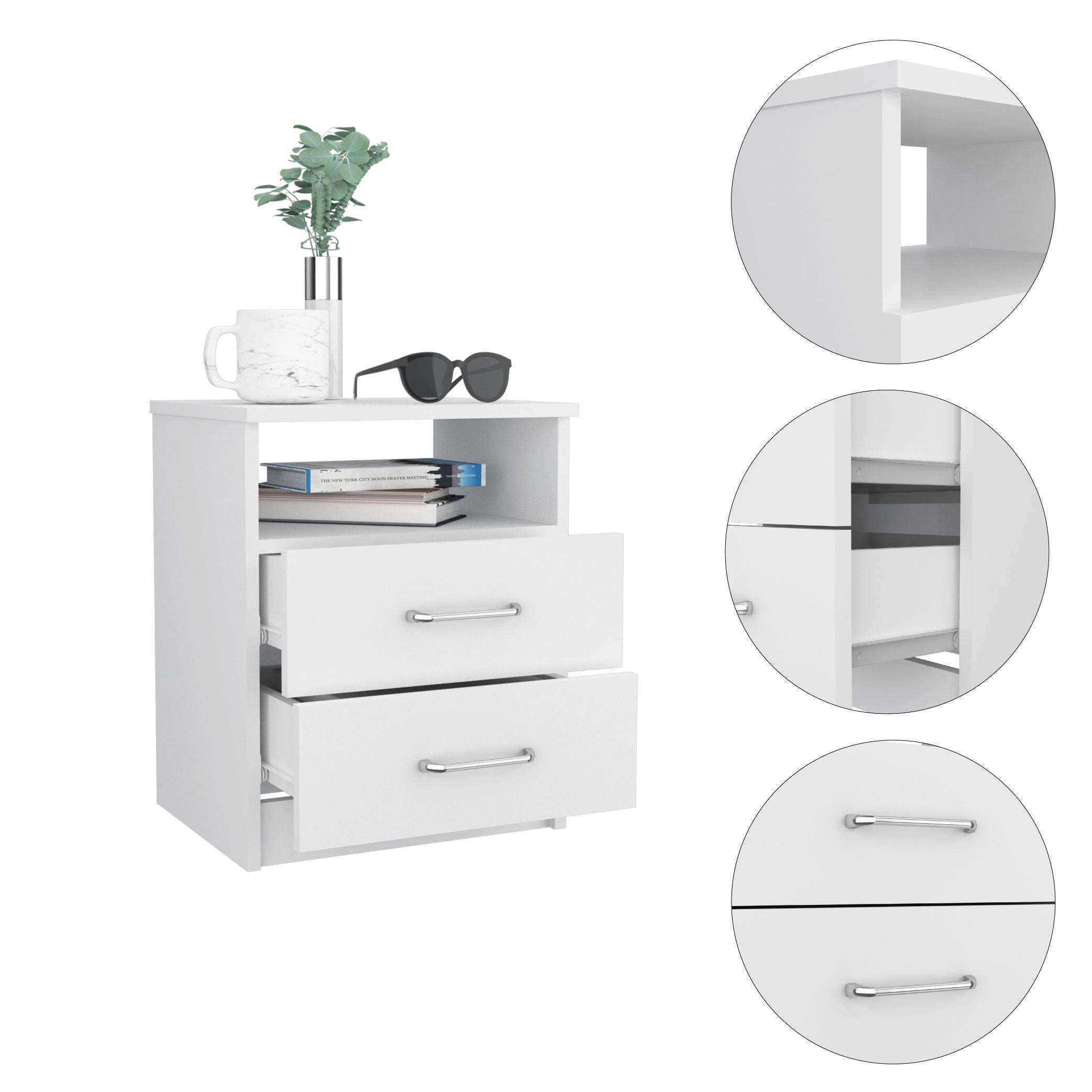 Napoles Nightstand, Superior Top, Two Drawers, One Shelf -White