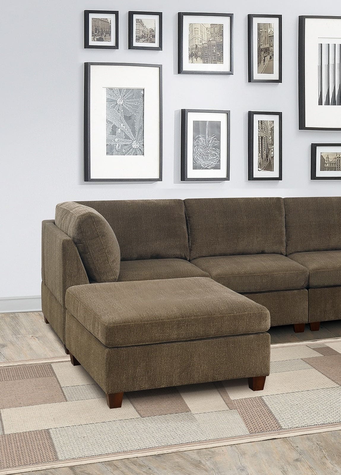 Living Room Furniture Tan Chenille Modular Sectional 7pc Set U-Sectional Modern Couch 2x Corner Wedge 3x Armless Chairs and 2x Ottoman Plywood