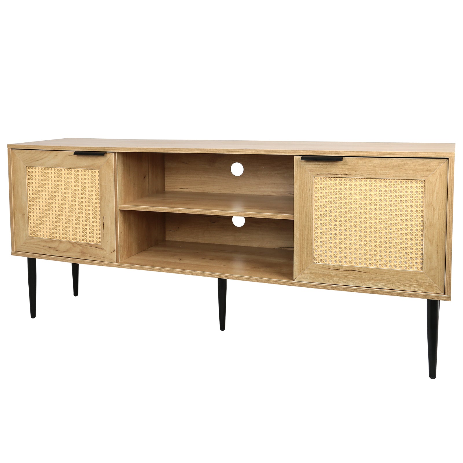 Wooden TV Stand for TVs up to 65 Inches,with 2  Rattan Decorated Doors  and 2 Open Shelves,Living Room TV Console Table Wooden Entertainment Unit, Natural Color