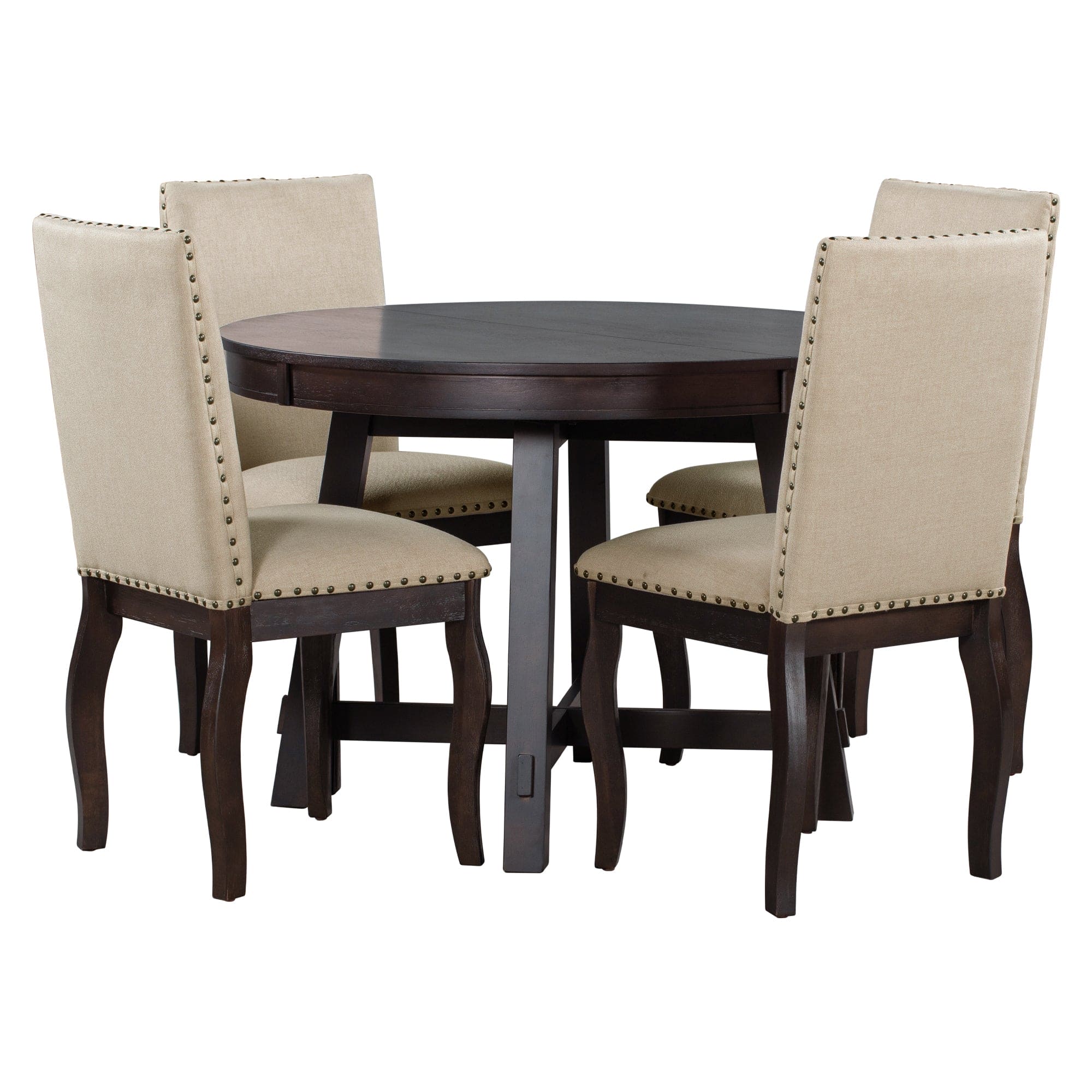 TREXM 5-Piece Farmhouse Dining Table Set Wood Round Extendable Dining Table and 4 Upholstered Dining Chairs (Espresso)