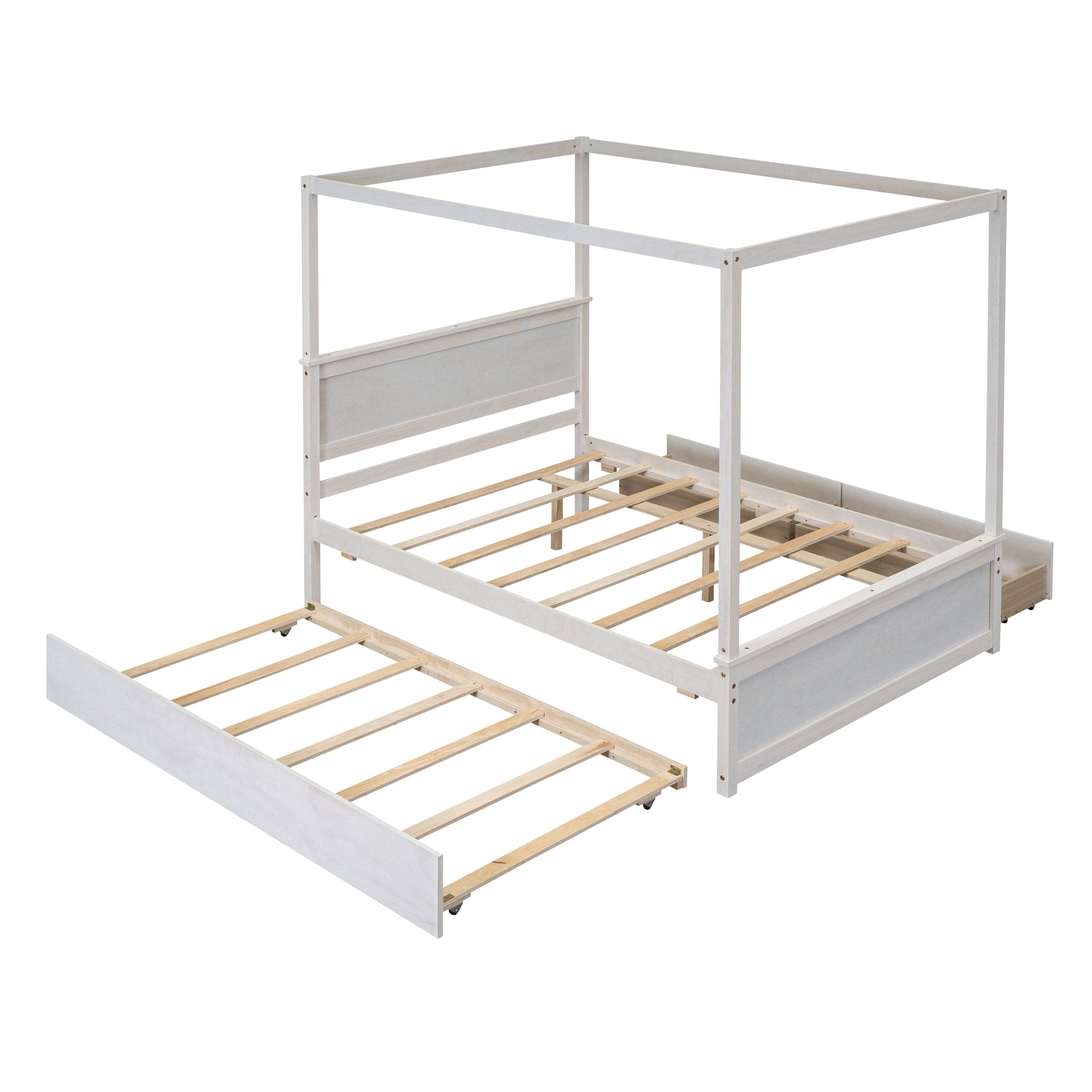 Wood Canopy Bed with Trundle Bed and two Drawers ,Full Size Canopy Platform bed With Support Slats .No Box Spring Needed, Brushed White