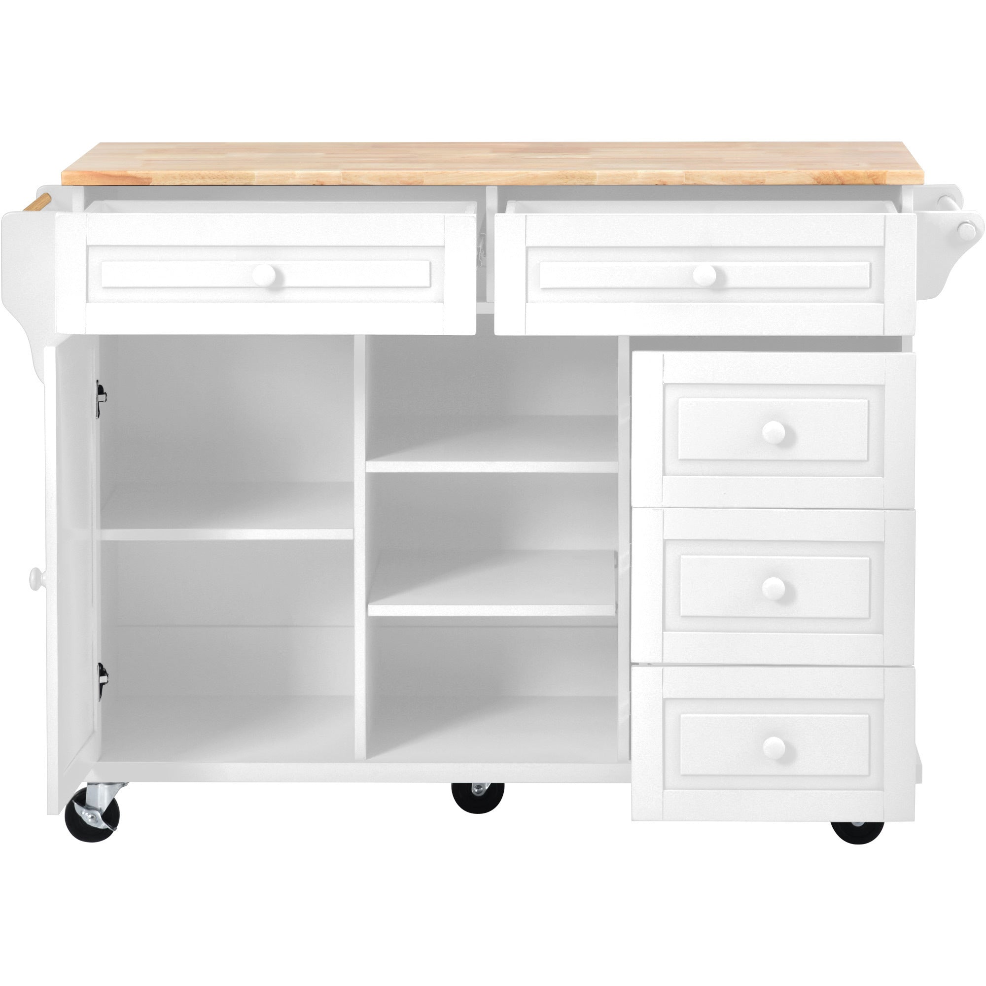 Kitchen cart with Rubber wood desktop rolling mobile kitchen island with storage and 5 draws 53 Inch  length(White)