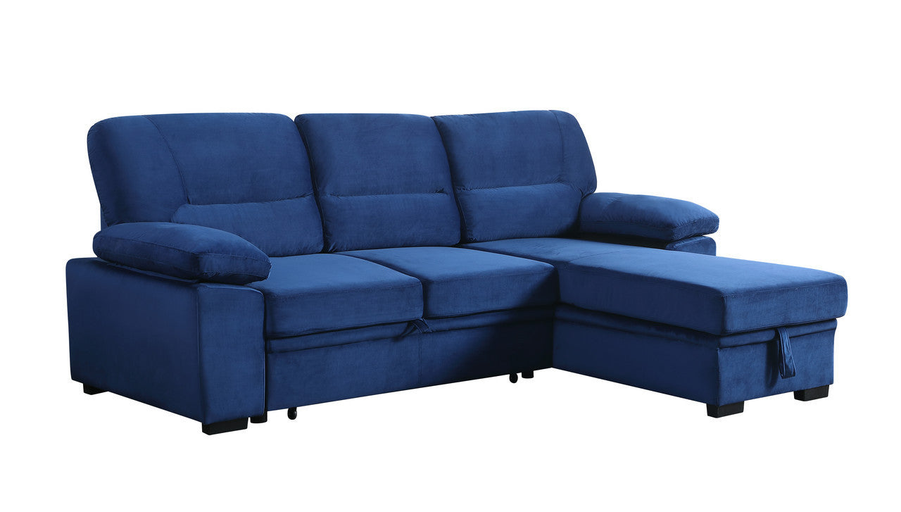 Kipling Blue Velvet Fabric Reversible Sleeper Sectional Sofa Chaise