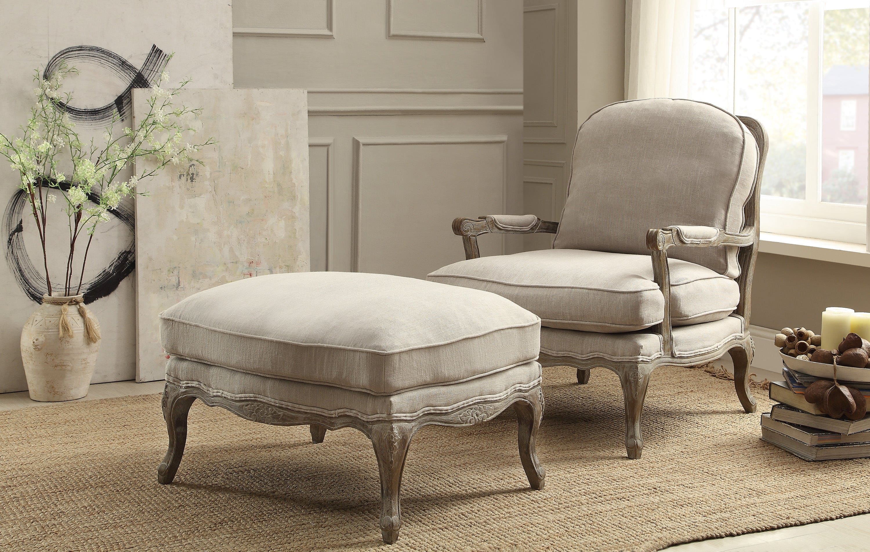 Living Room Accent Ottoman Wood Frame Gray Weathered Finish Textured Fabric Upholstery Foam Seat Cushion