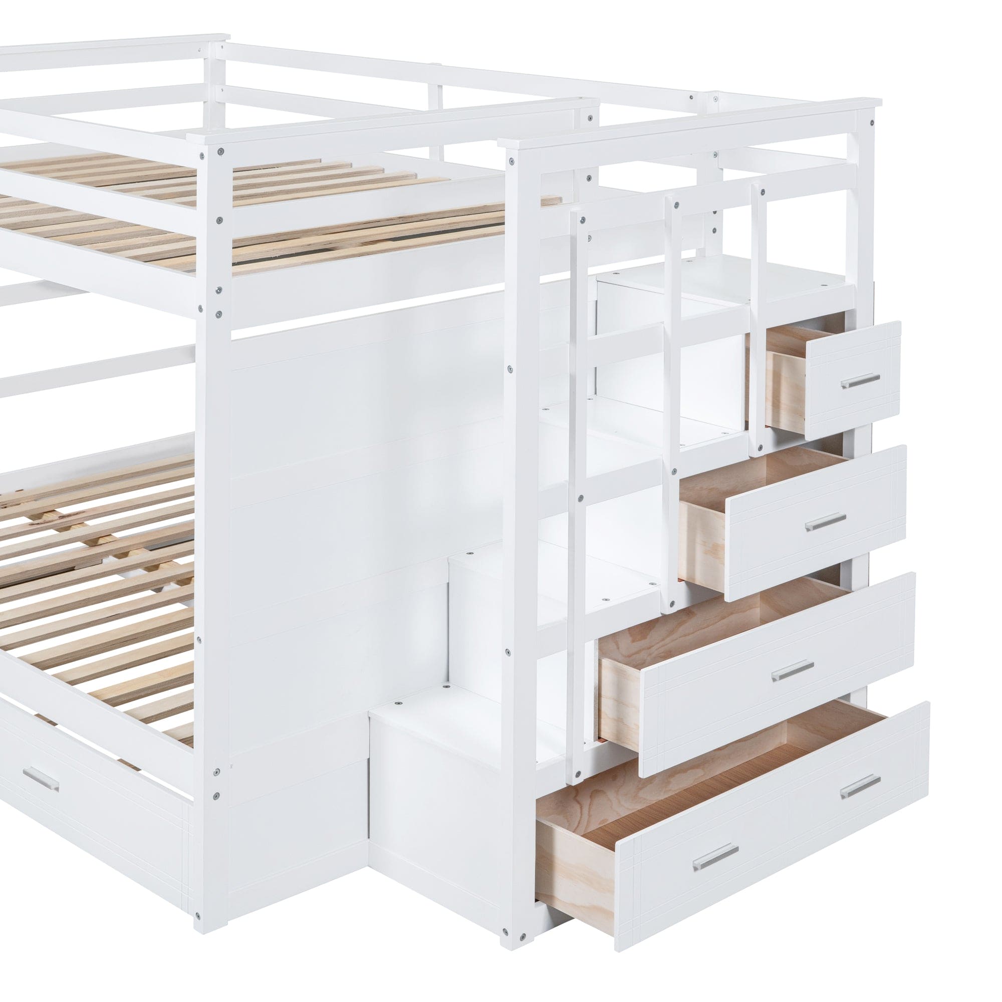 Full Over Full Bunk Bed with Twin Size Trundle and Staircase, White