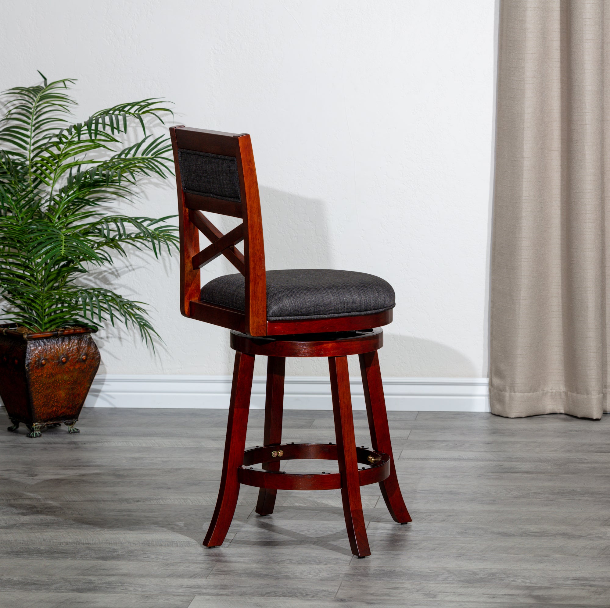 24" Counter Height X-Back Swivel Stool, Cherry Finish, Charcoal Fabric Seat