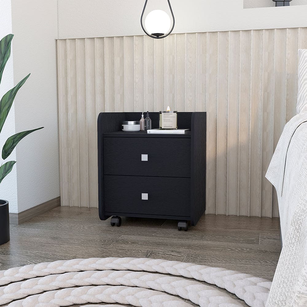 Nightstand Csmet, Metal Handle, Two Drawers, Black Wengue Finish