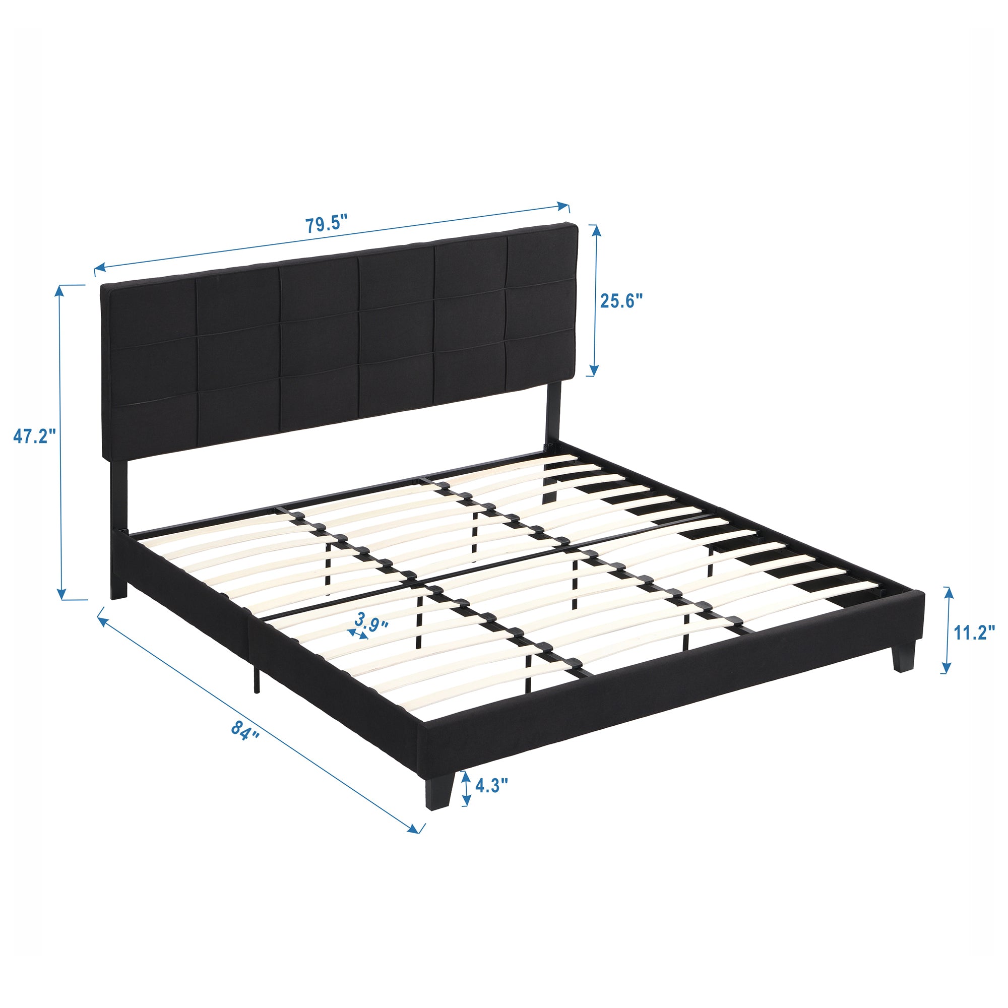 King Size Upholstered Platform Bed Frame with  Linen Fabric Headboard, No Box Spring Needed, Wood Slat Support, Easy Assembly, BLACK