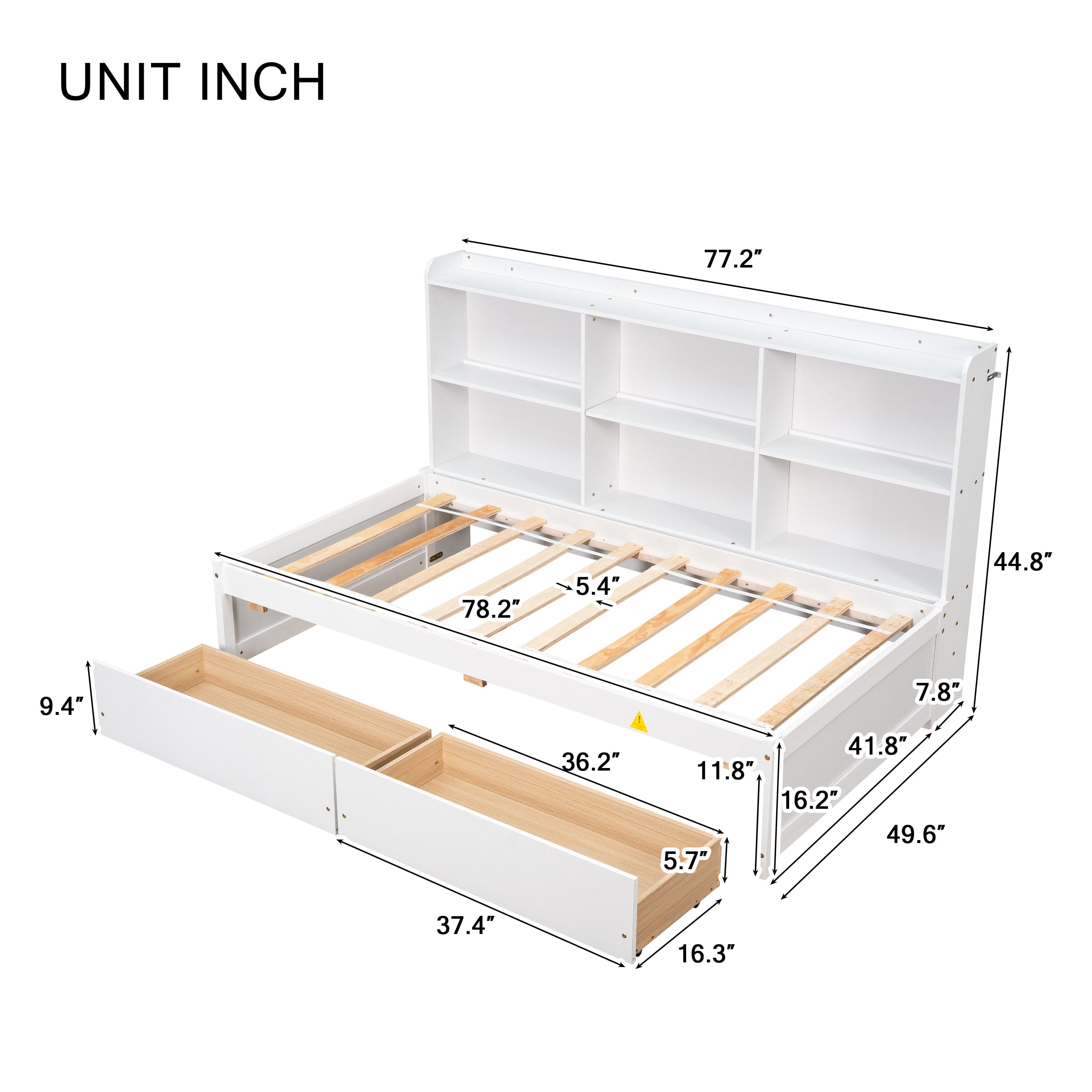 Twin Bed with Side Bookcase, Drawers,White