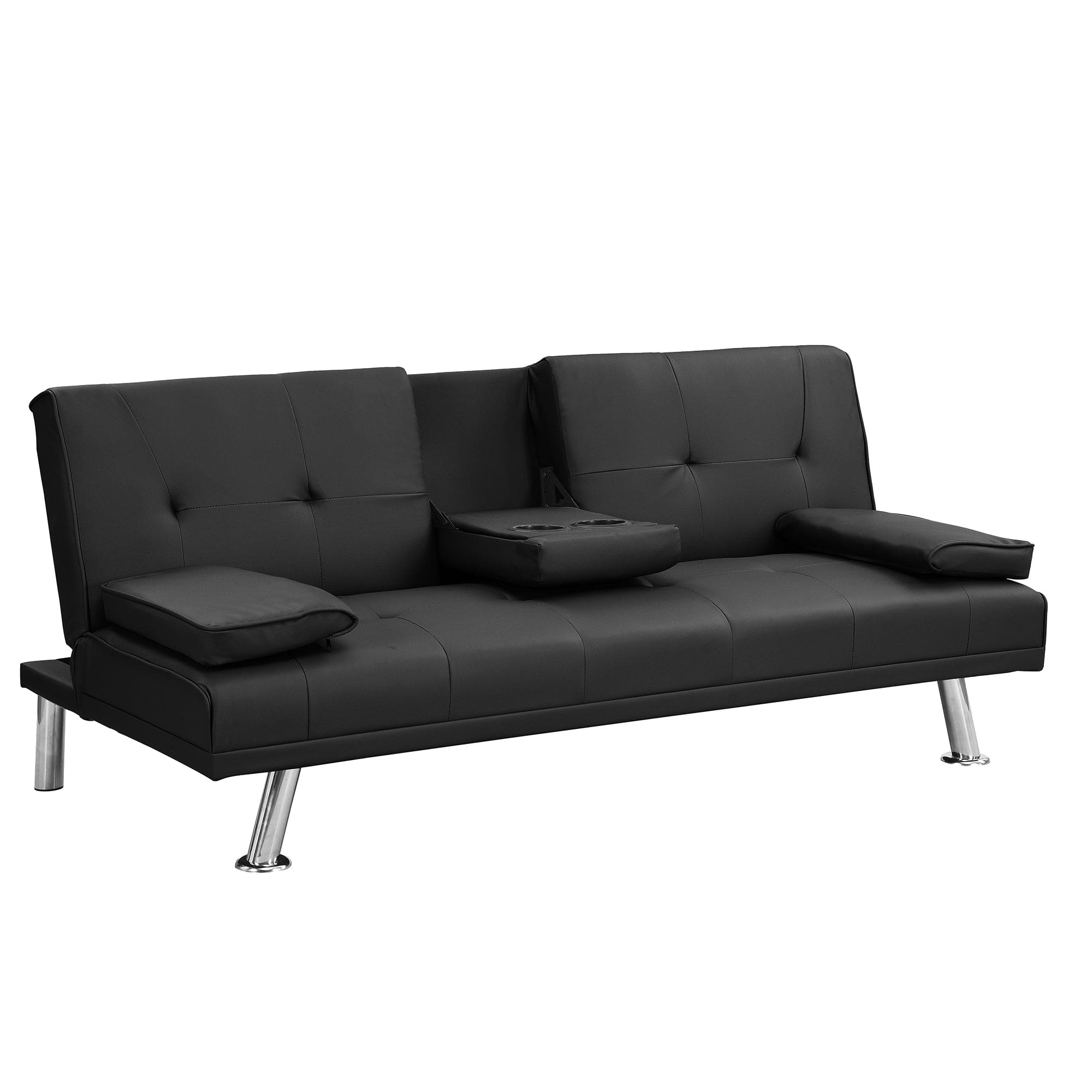 Sofa Bed with Armrest two holders  WOOD FRAME, STAINLESS LEG, FUTON BLACK  PVC