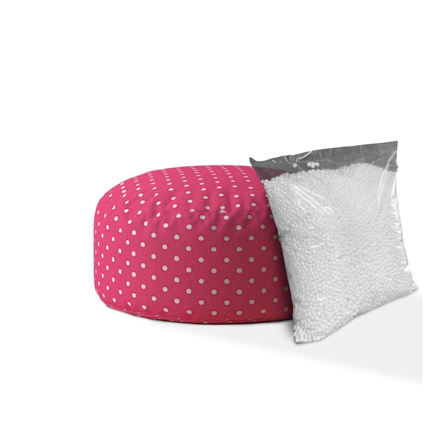 Indoor DINER DOT Hot Pink/White Round Zipper Pouf - Stuffed - Extra Beads Included! - 24in dia x 20in tall