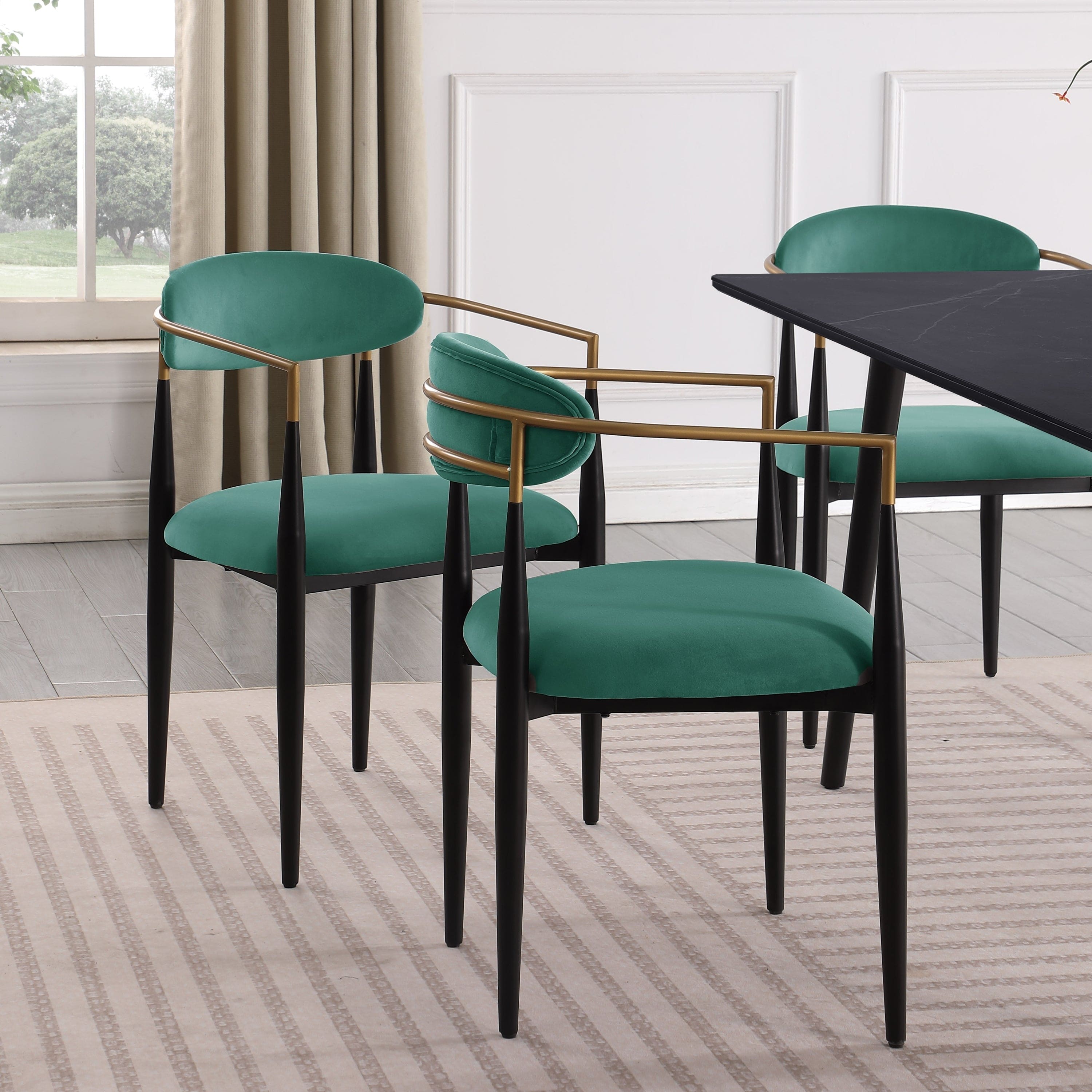 Modern Contemporary 5pc Dining Set Black Sintered Stone Table and Green Chairs Fabric Upholstered Stylish Furniture