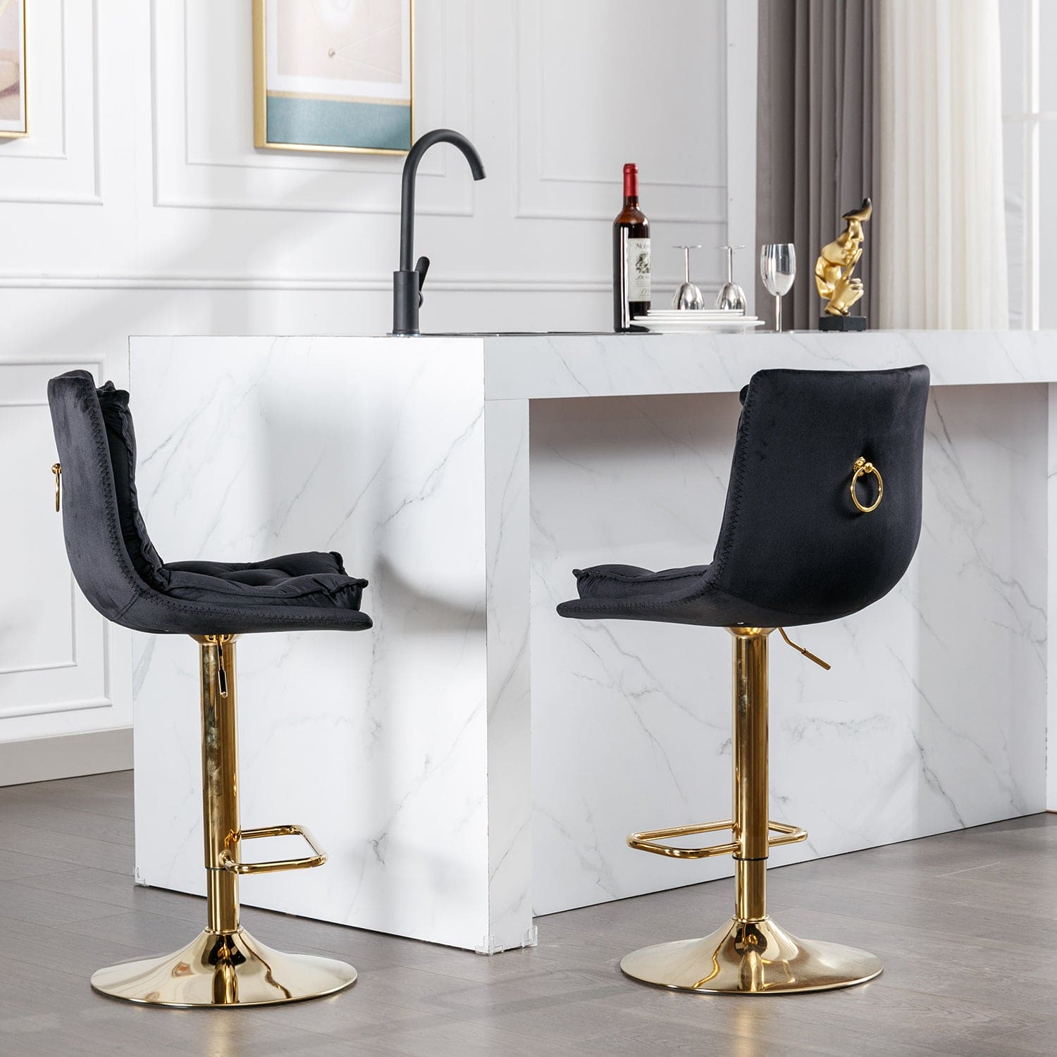 Set of 2 Bar Stools,with Chrome Footrest and Base Swivel Height Adjustable Mechanical Lifting Velvet + Golden Leg Simple Bar Stoo,black