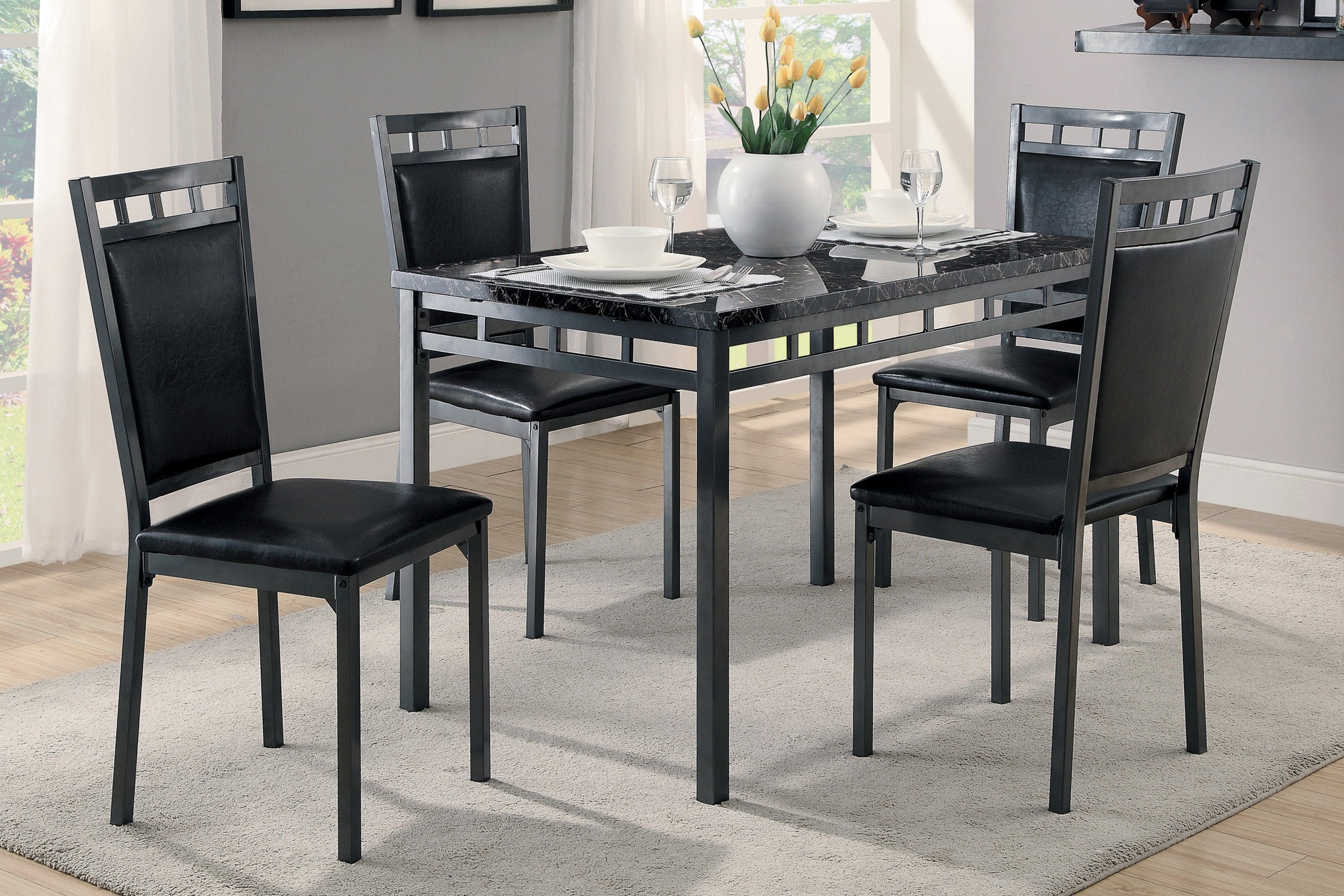 Black Finish 5pc Dinette Set Faux Marble Top Table and 4x Side Chairs Faux Leather Upholstered Metal Frame Casual Dining Room Furniture