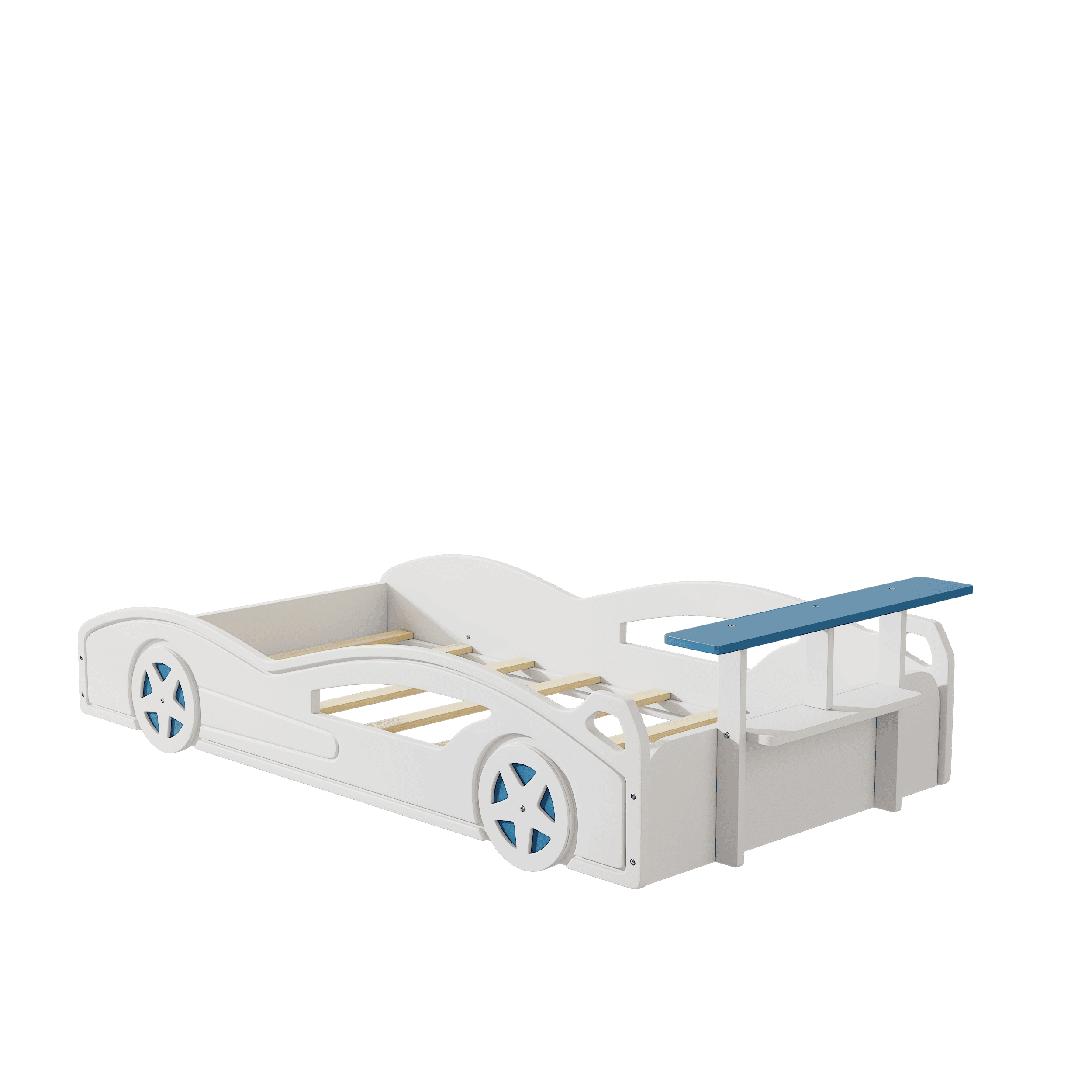 Wooden Race Car Bed,Car-Shaped Platform Twin Bed with Wheels For Teens,White & Blue