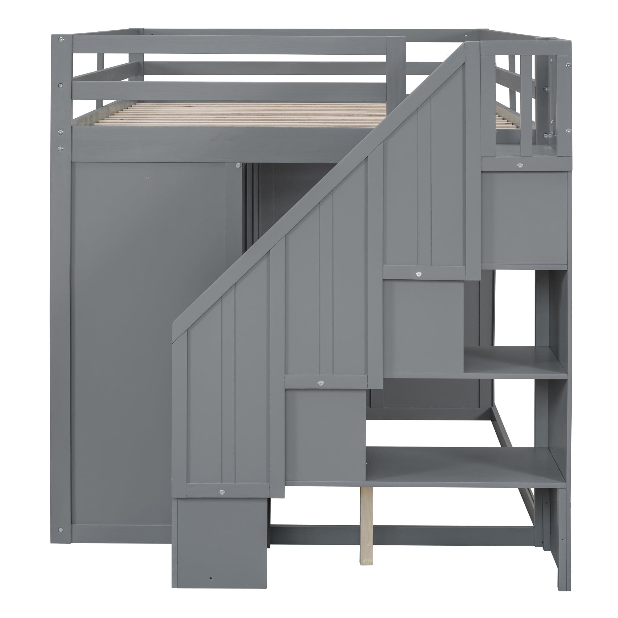 Full Size Wood Loft Bed With Built-in Wardrobes, Cabinets and Drawers, Gray