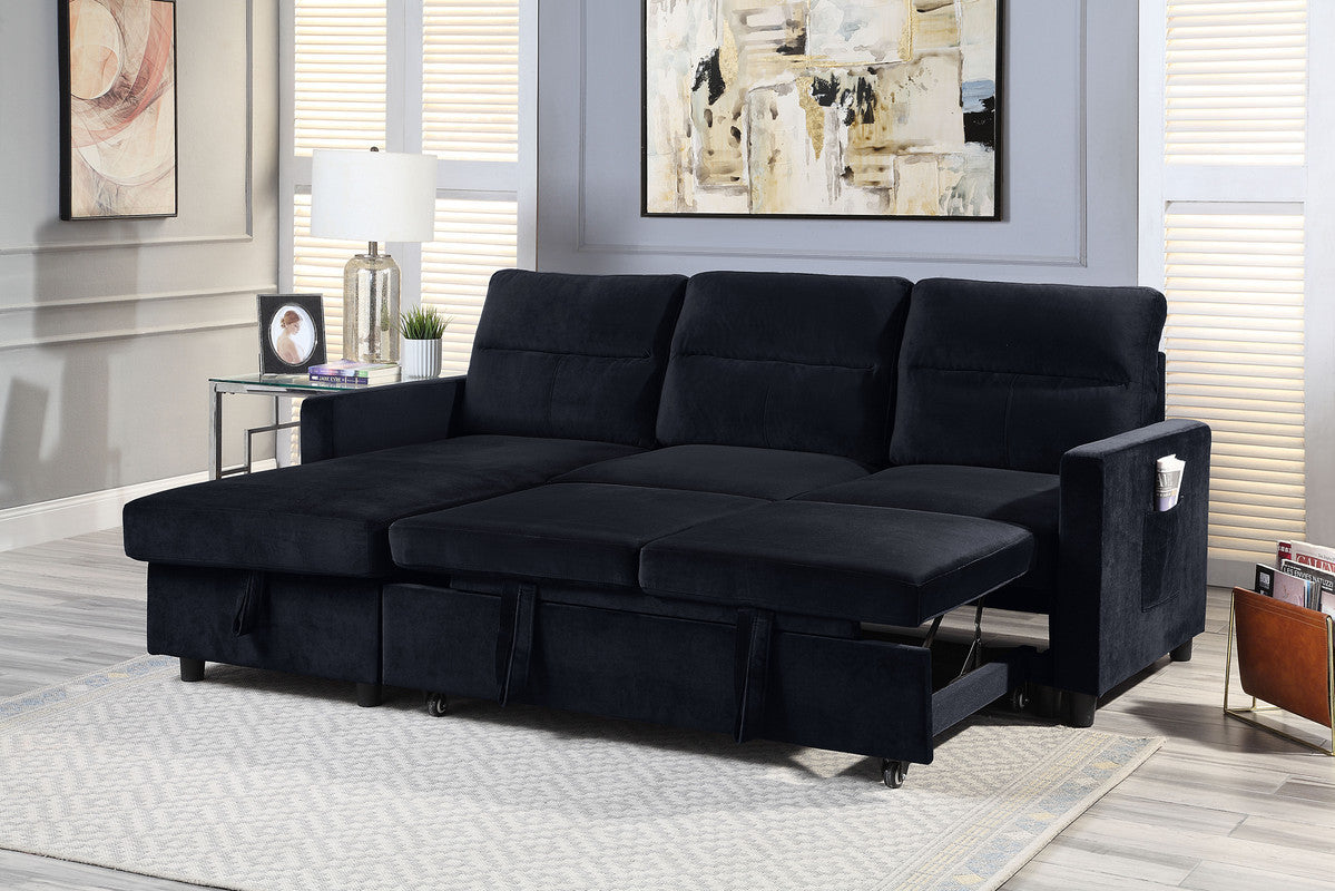 Ivy Black Velvet Reversible Sleeper Sectional Sofa with Storage Chaise and Side Pocket