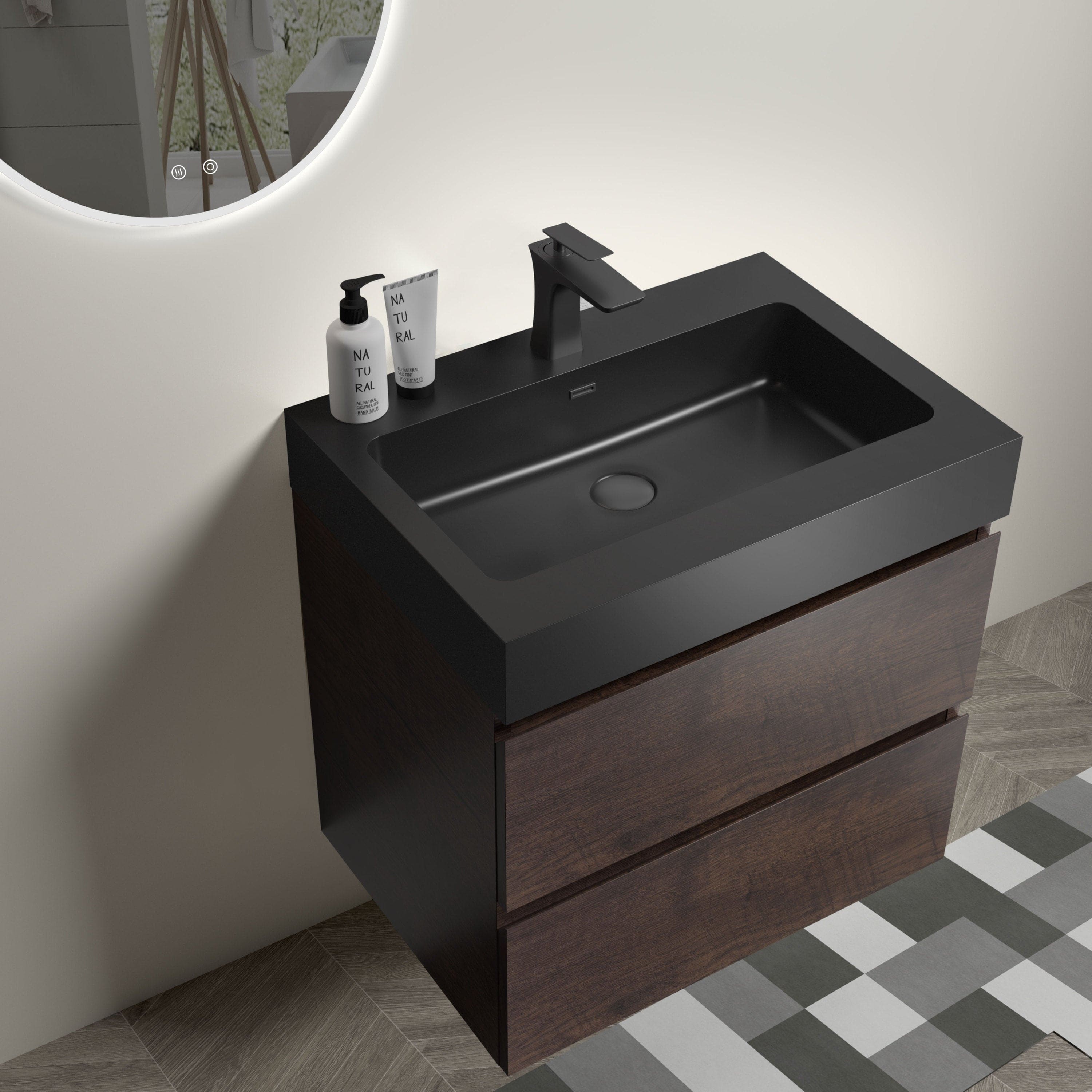 Alice 24" Walnut Bathroom Vanity with Sink, Large Storage Wall Mounted Floating Bathroom Vanity for Modern Bathroom, One-Piece Black Sink Basin without Drain and Faucet