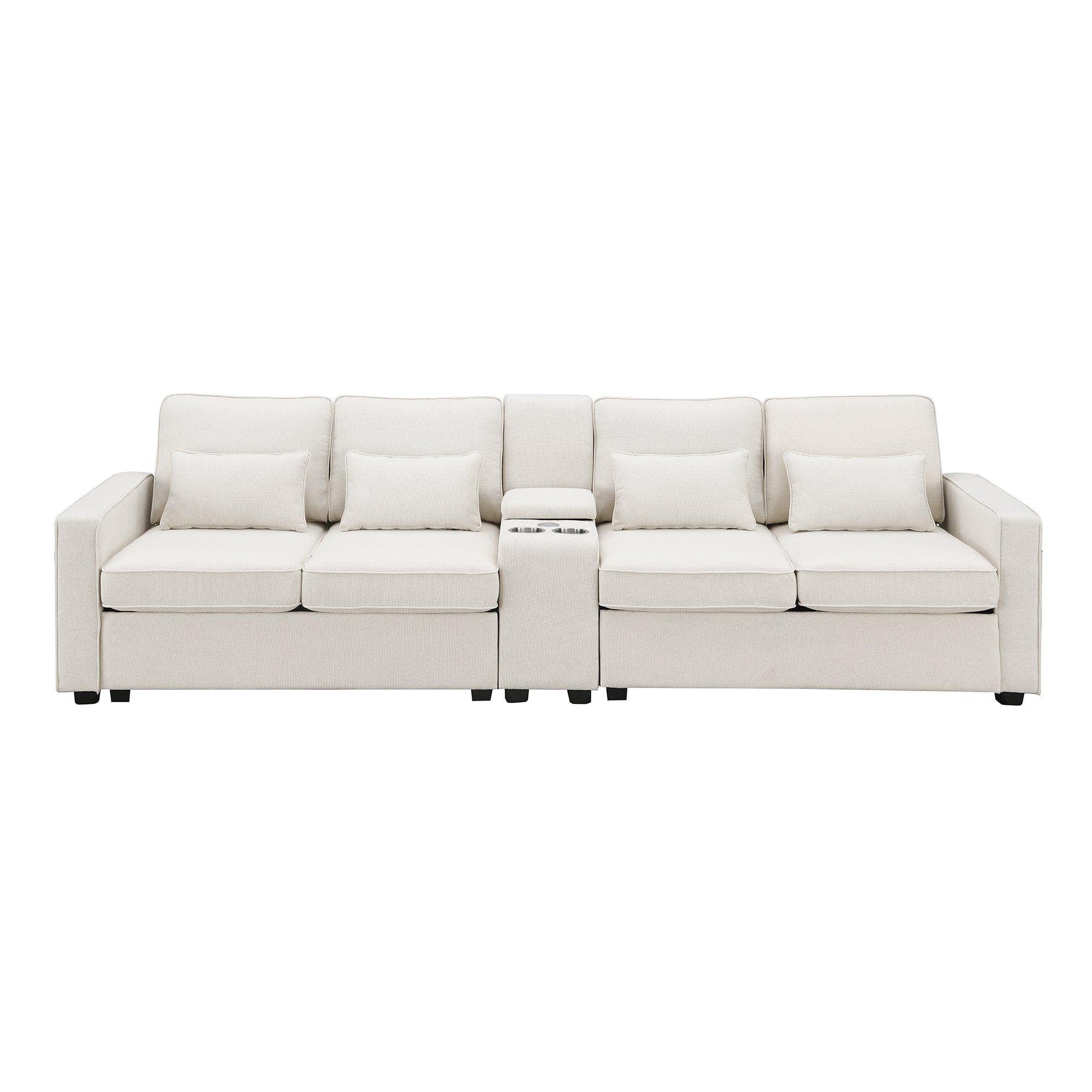 [VIDEO provided] [New] 114.2" Upholstered Sofa with Console, 2 Cupholders and 2 USB Ports Wired or Wirelessly Charged, Modern Linen Fabric Couches with 4 Pillows for Living Room, Apartment (4-Seat)