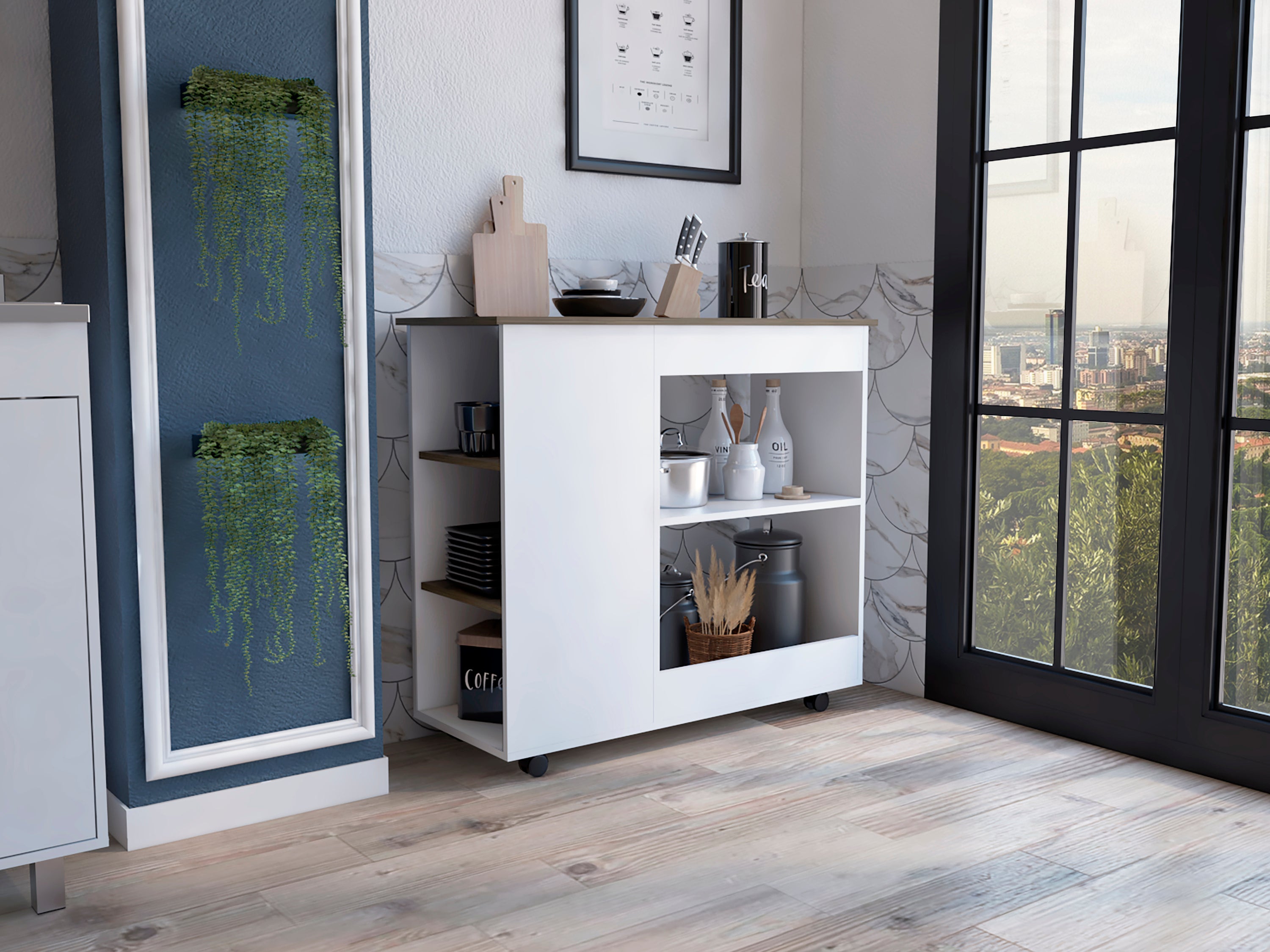 Kitchen Cart Kamizaze, Two Storage Shelves, Four Casters, Three Side Shelves, White / Dark Brown Finish