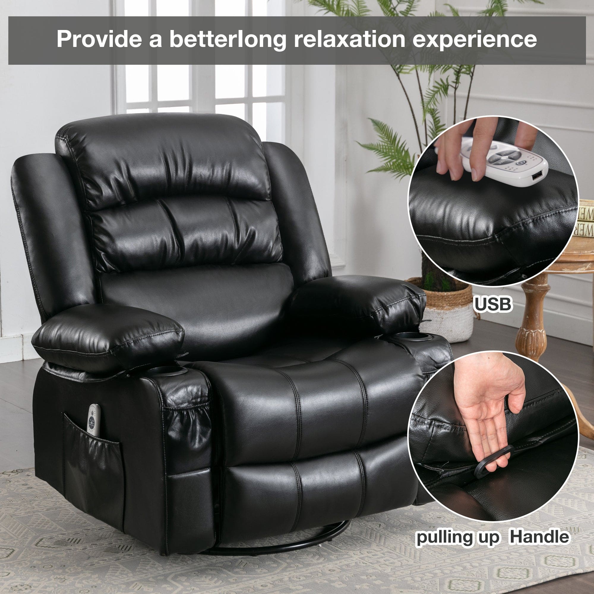 Massage Swivel Rocker Recliner Chair with Vibration Massage and Heat Ergonomic Lounge Chair for Living Room with Rocking Function and Side Pocket   2 Cup Holders USB Charge Port ,black.